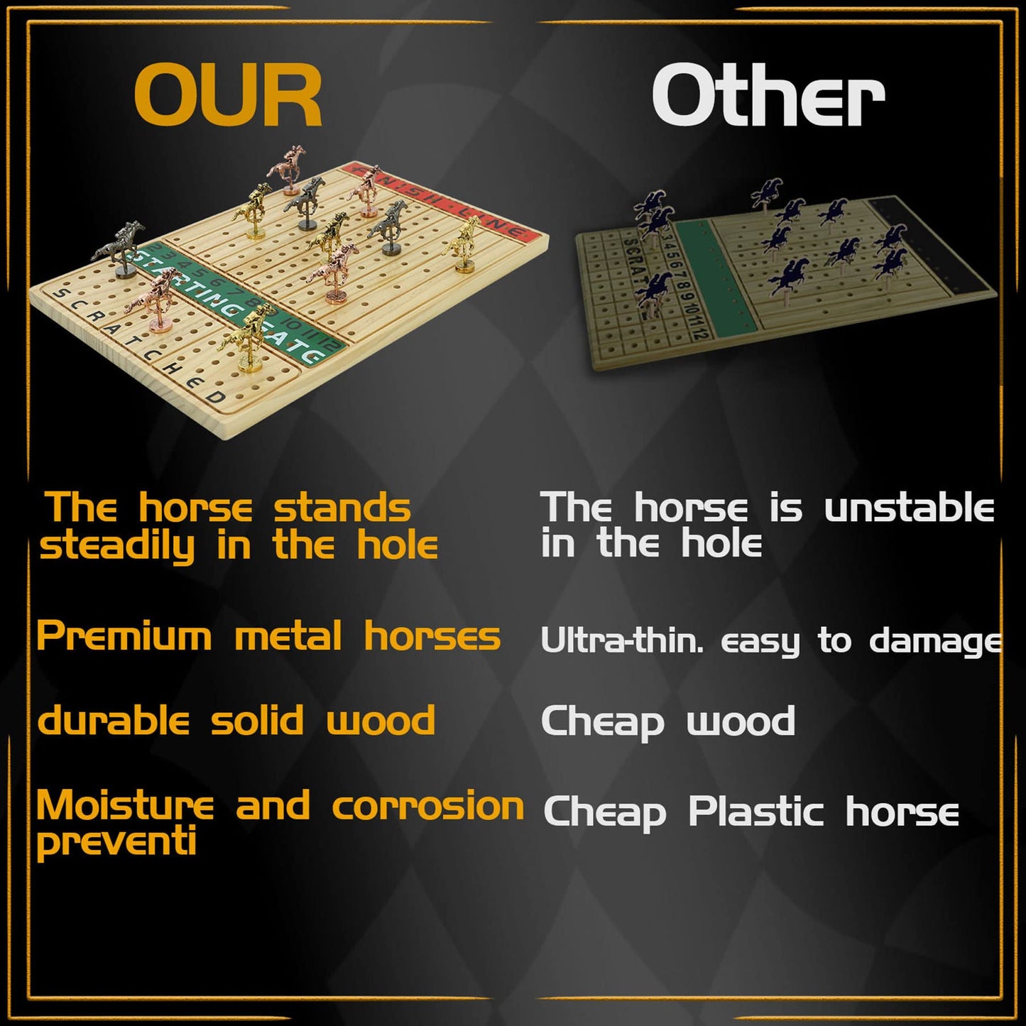 Jyquorp Horse Race Board Game Racing Game Thickened Solid Wood With 11 Luxurious Durable Classic Metal Horses With 4 Dice And 2