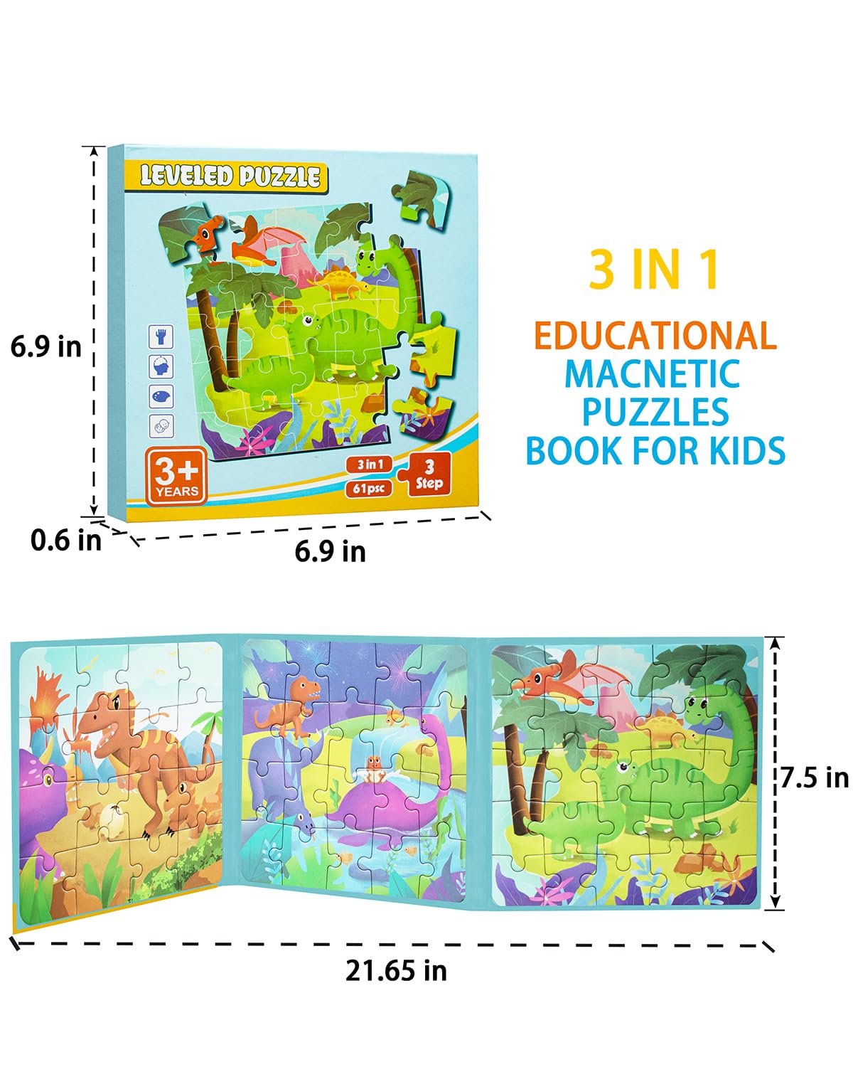Dinosaur Magnetic Puzzles for Toddlers 3-5, 3 in 1 Travel Puzzles Book Games for Kids Ages 2-4, Travel Games and Toys for 3 4 5