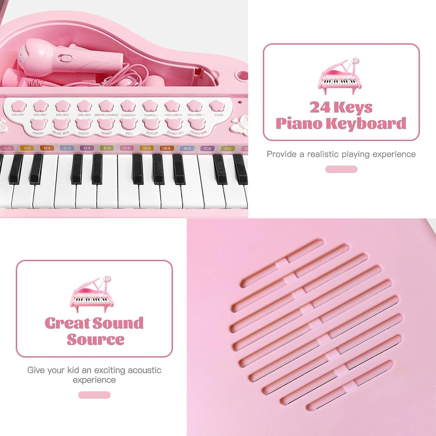 Love&Mini Piano Keyboard Toy For Girls - 24 Keys Toddler Piano Music Toy Instruments With Microphone, Pink Piano Toys For 1 2 3 Years Old Girls Birthday Xmas Gift