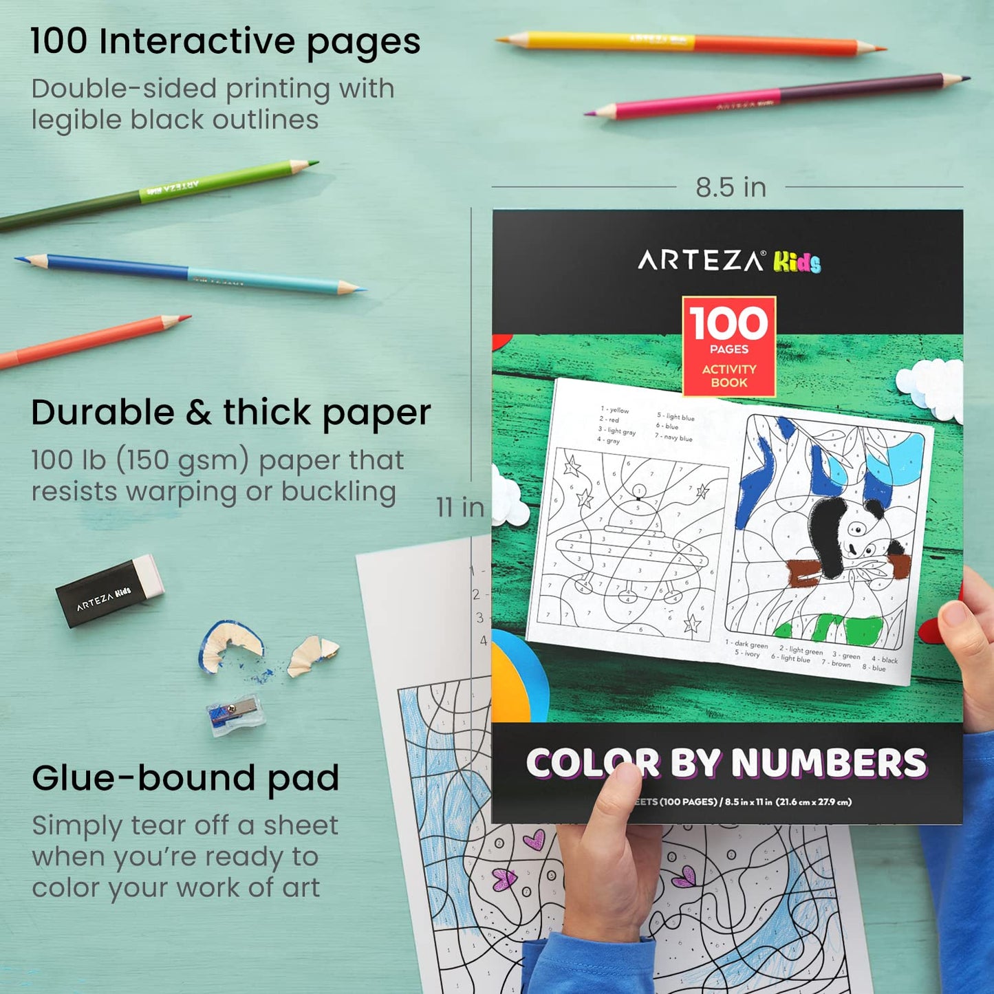 Arteza Kids Activity Book, Color by Numbers Coloring Book, 8.5 x 11 Inches, School Supplies for Ages 6 and Up, 50 Sheets, 12 Dou