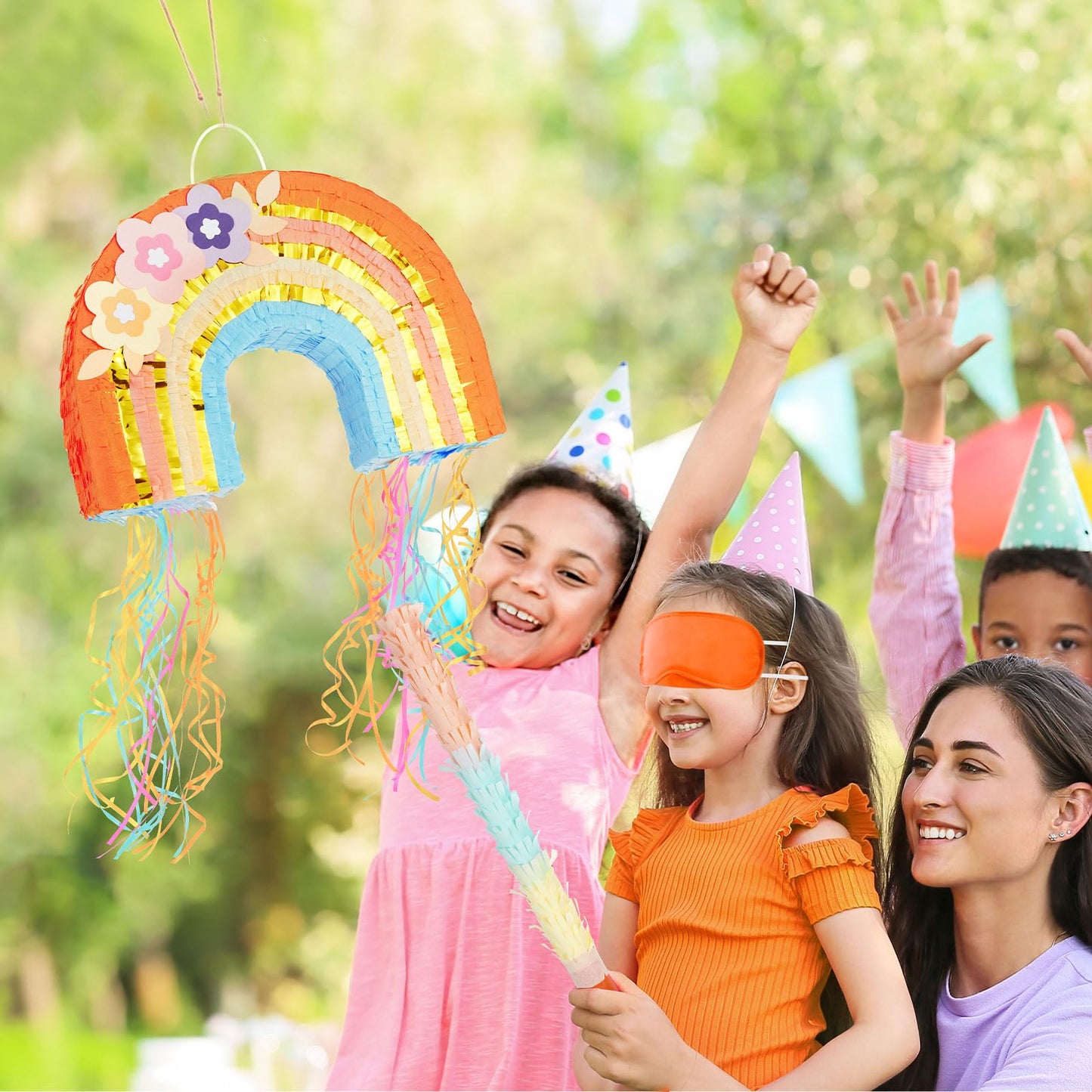 Wernnsai Rainbow Piñata - Rainbow Pull String Piñata With Bundle With Blindfold And Bat For Girls Kids Piñata Boho Theme Birthday Party Decoration Game For Baby Shower Carnival Summer Party Supplies