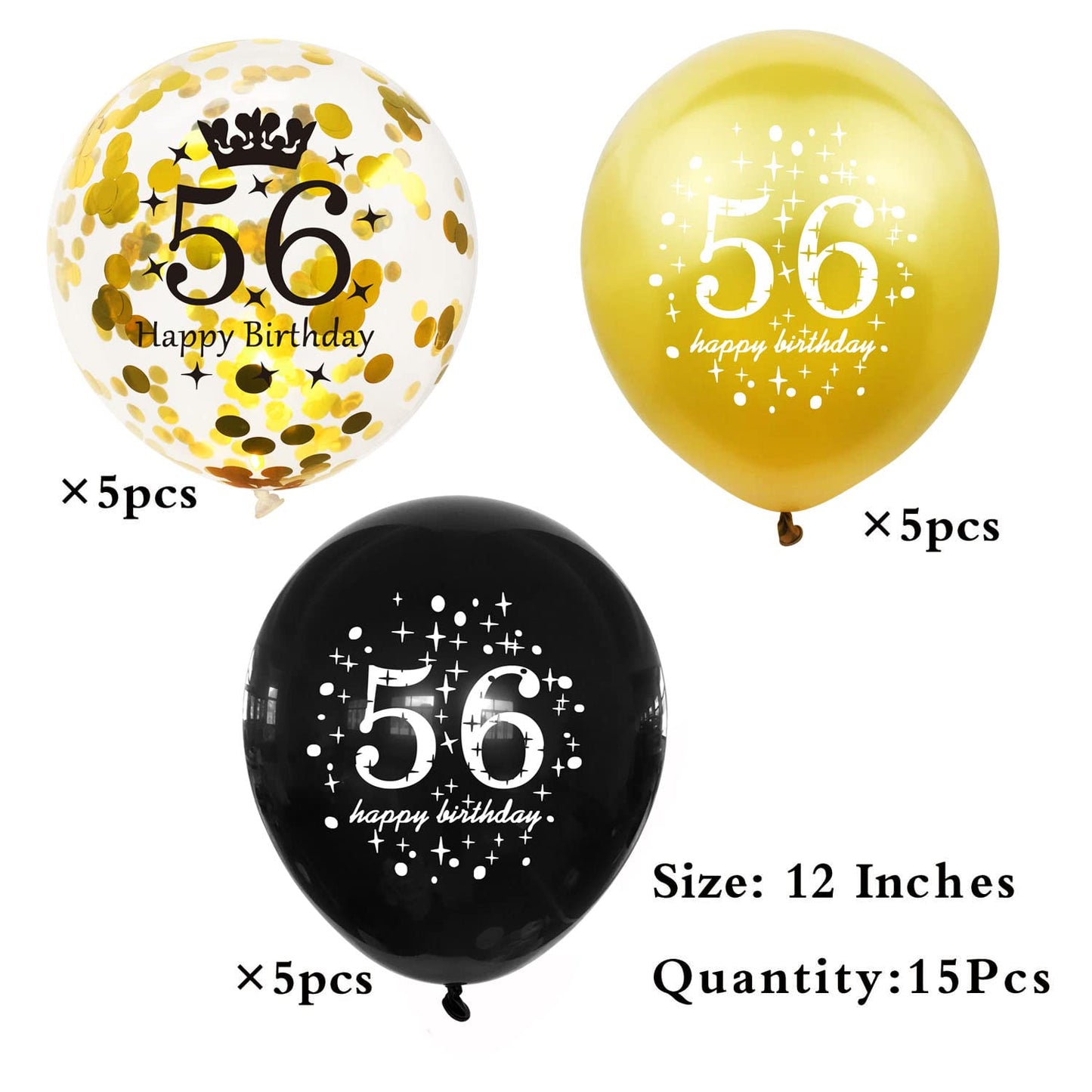 SHUNTAI 56th Birthday Balloons, Black and Gold Latex Confetti, 12 Inch, 15 Pieces, Rubber, Happy 56 Years Old Party Decor