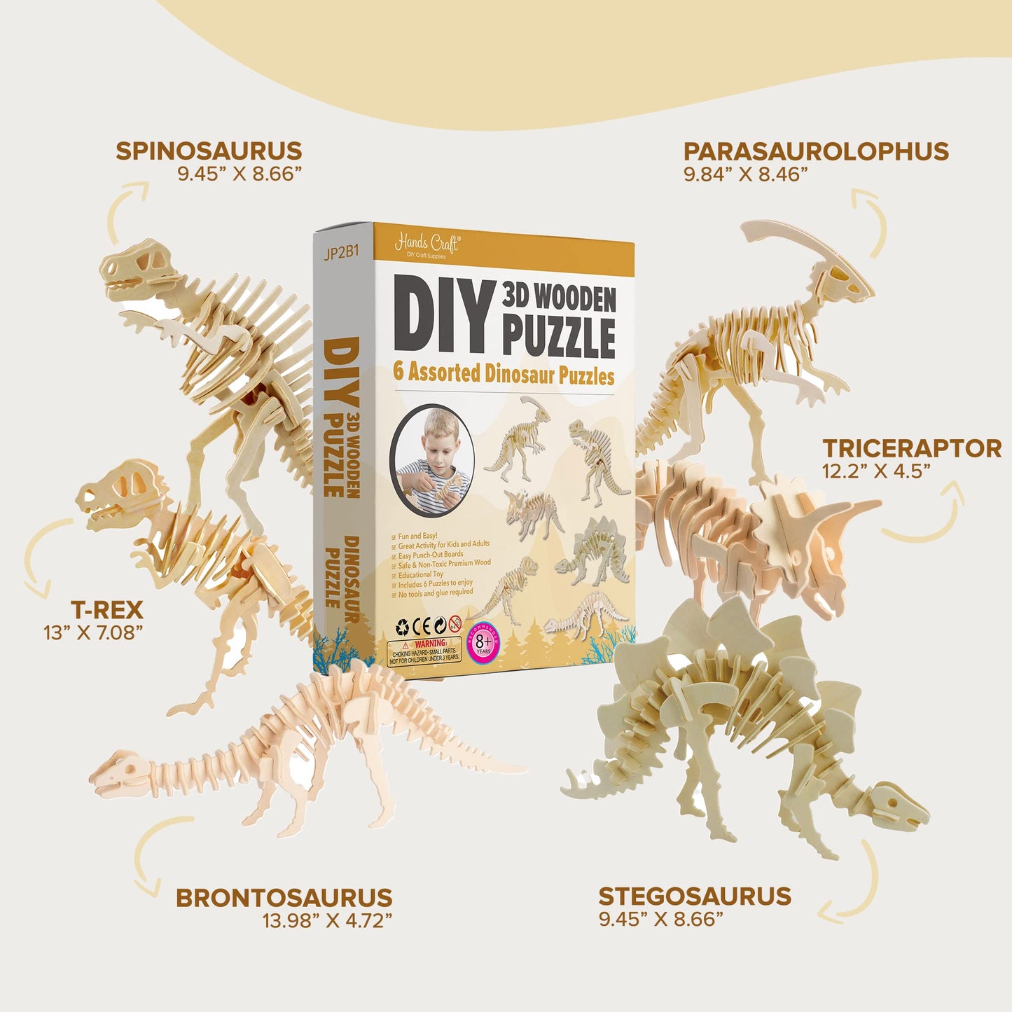 Hands Craft Diy 3D Wooden Puzzle - 6 Assorted Dinosaur Bundle Pack Set Brain Teaser Puzzles Educational Stem Toy Adults And Kids To Build Safe And Non-Toxic Easy Punch Out Premium Wood Jp2B1
