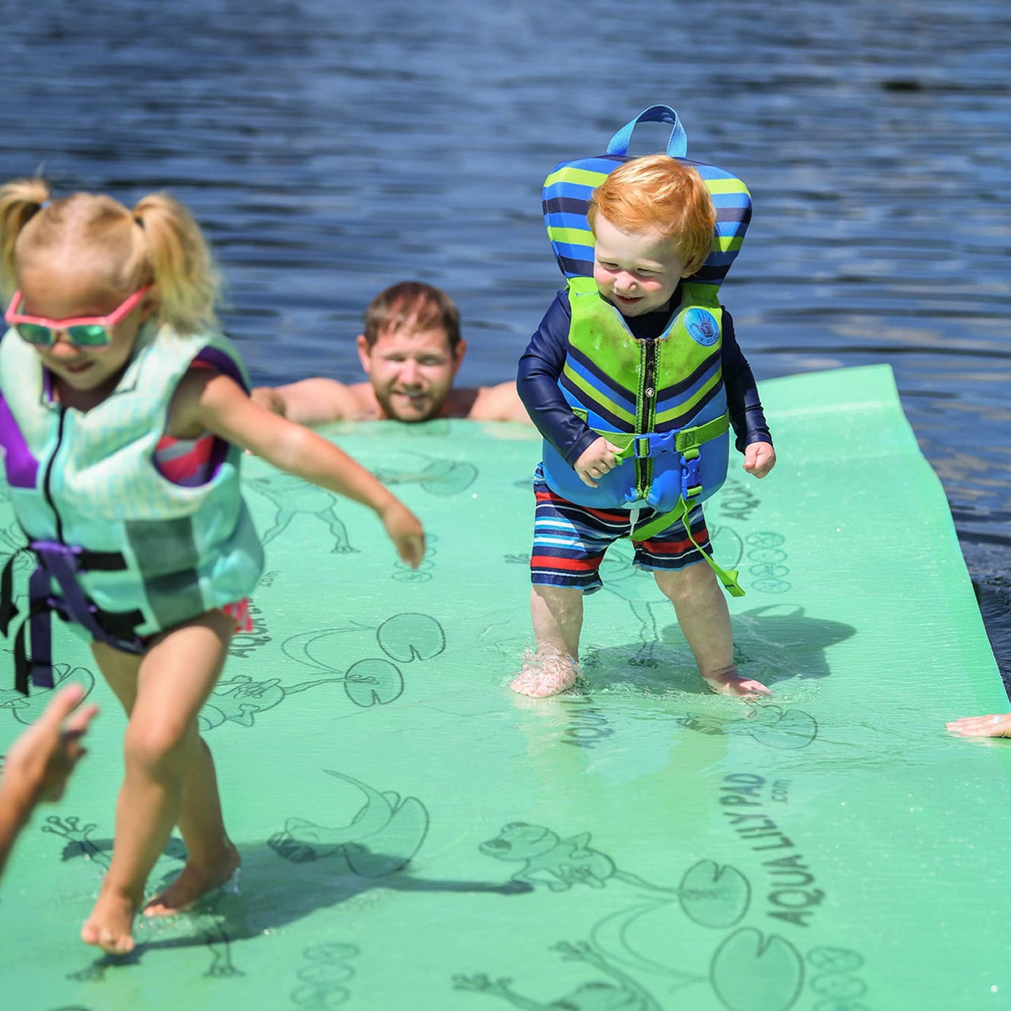 Aqua Lily Pad 15' Floating Foam Island Mat - Large Water Playground, Green/Yellow, with Storage Straps and Pad Protectors