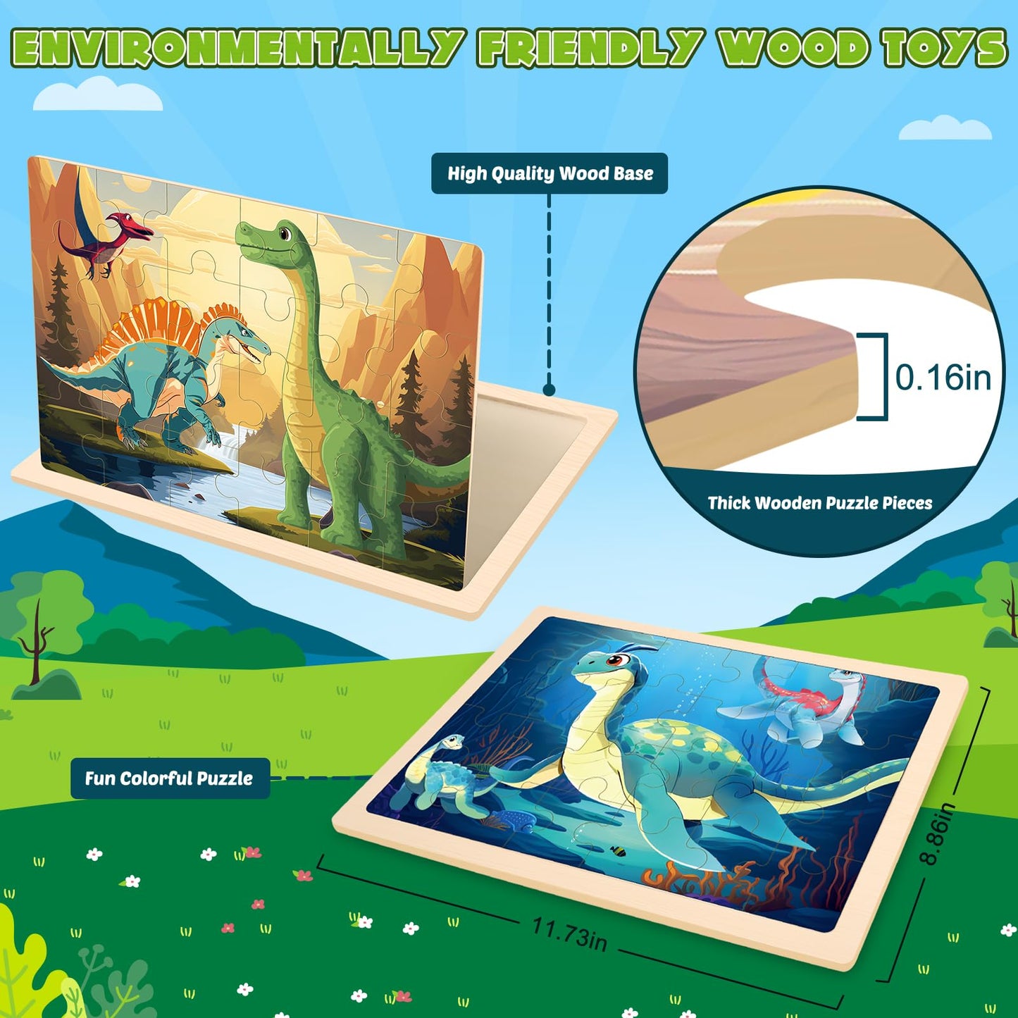 Wooden Dinosaurs Puzzles For Kids Age 3 4 5 Year Old, 4 Pack 24 Pcs Montessori Toddler Jigsaw Puzzles For Girl Boy Activities Pr