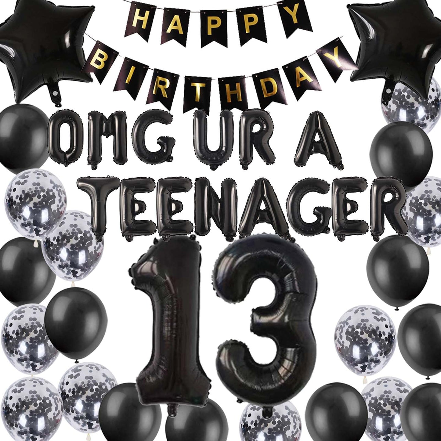 Official Teenager 13Th Birthday Decorations Black For Boys, Omg Ur A Teenager Balloons Black Number 13 Birthday Star Foil Balloo