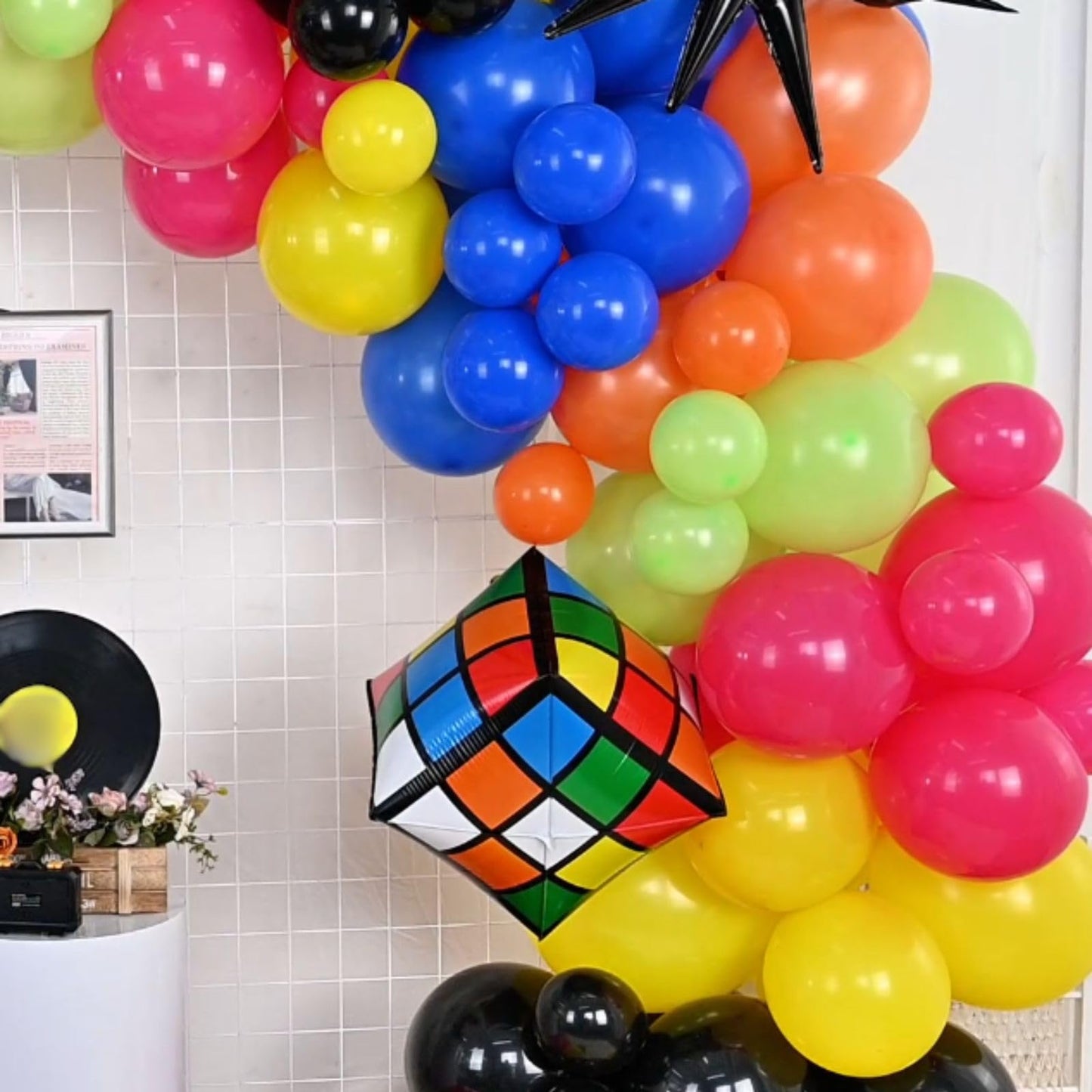 90S 80S Party Balloon Garland Arch Kit, 90S 80S Theme Party Decorations With 4D Dice Hot Pink Black Star Foil Balloons For 80S 9