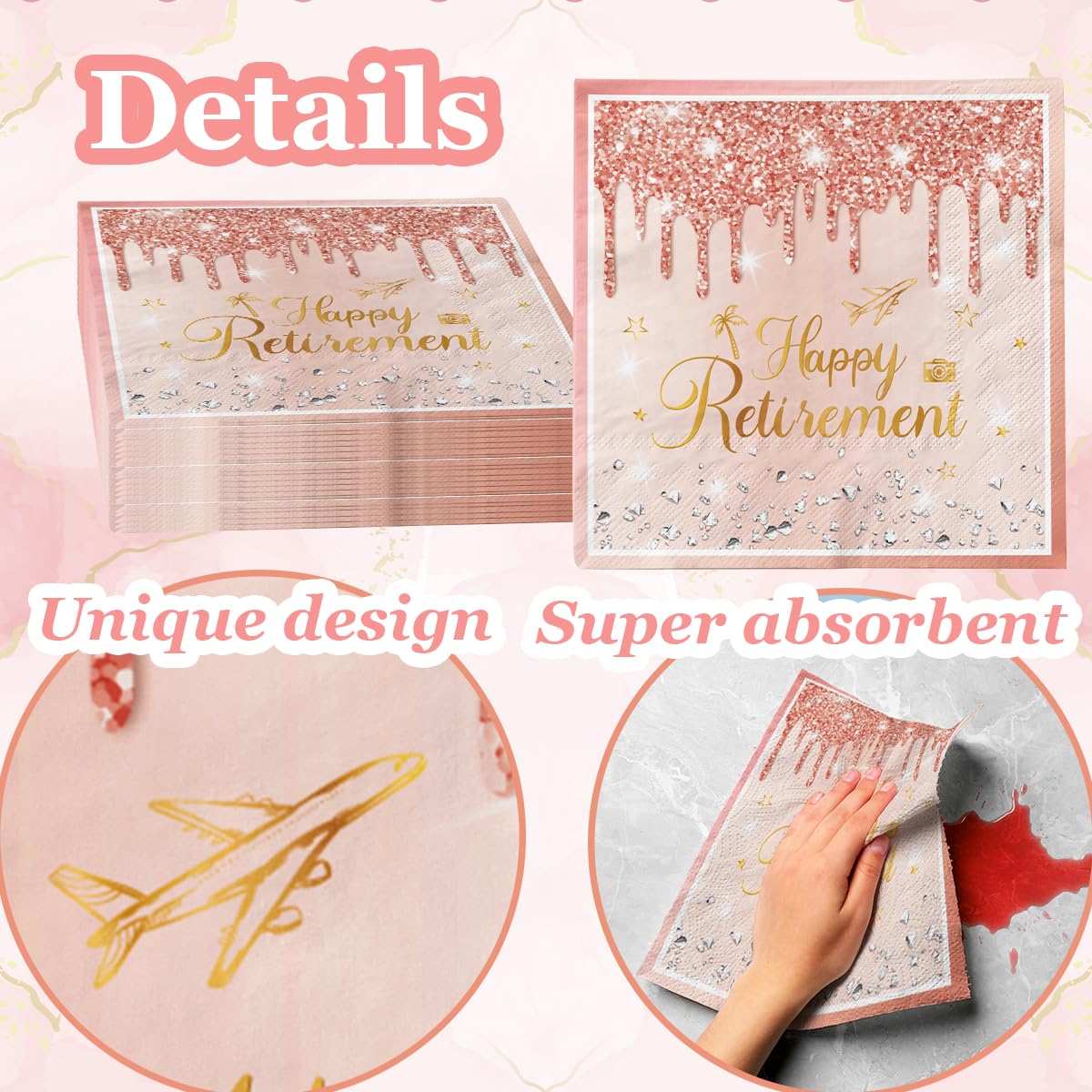 40Pcs Pink Retirement Paper Napkins Retirement Party Decorations, Disposable Rose Gold We Will Miss You Napkins For Men Women Go