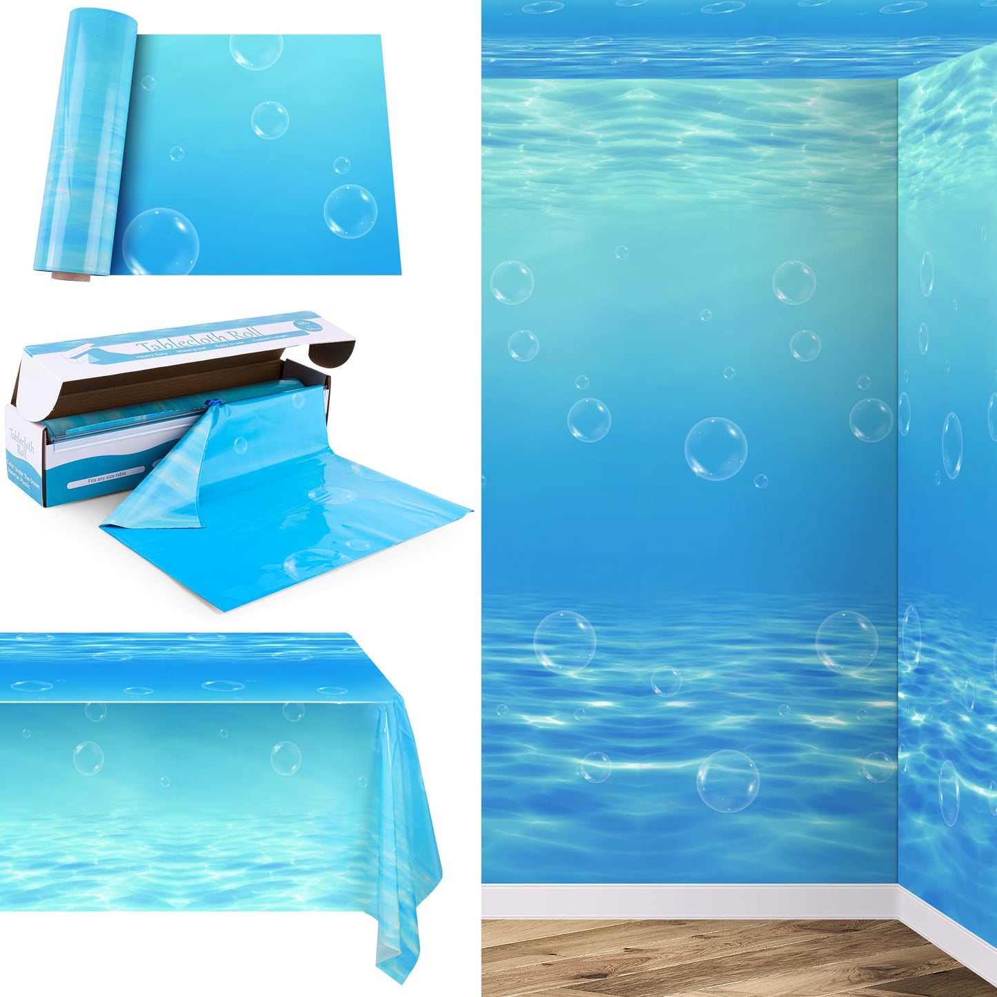 Kochorie 54 Inch x 100 Ft Ocean Waves Plastic Tablecloth Roll in Slide Cutter Box Under the Sea Table Cover Blue Water Print Bac