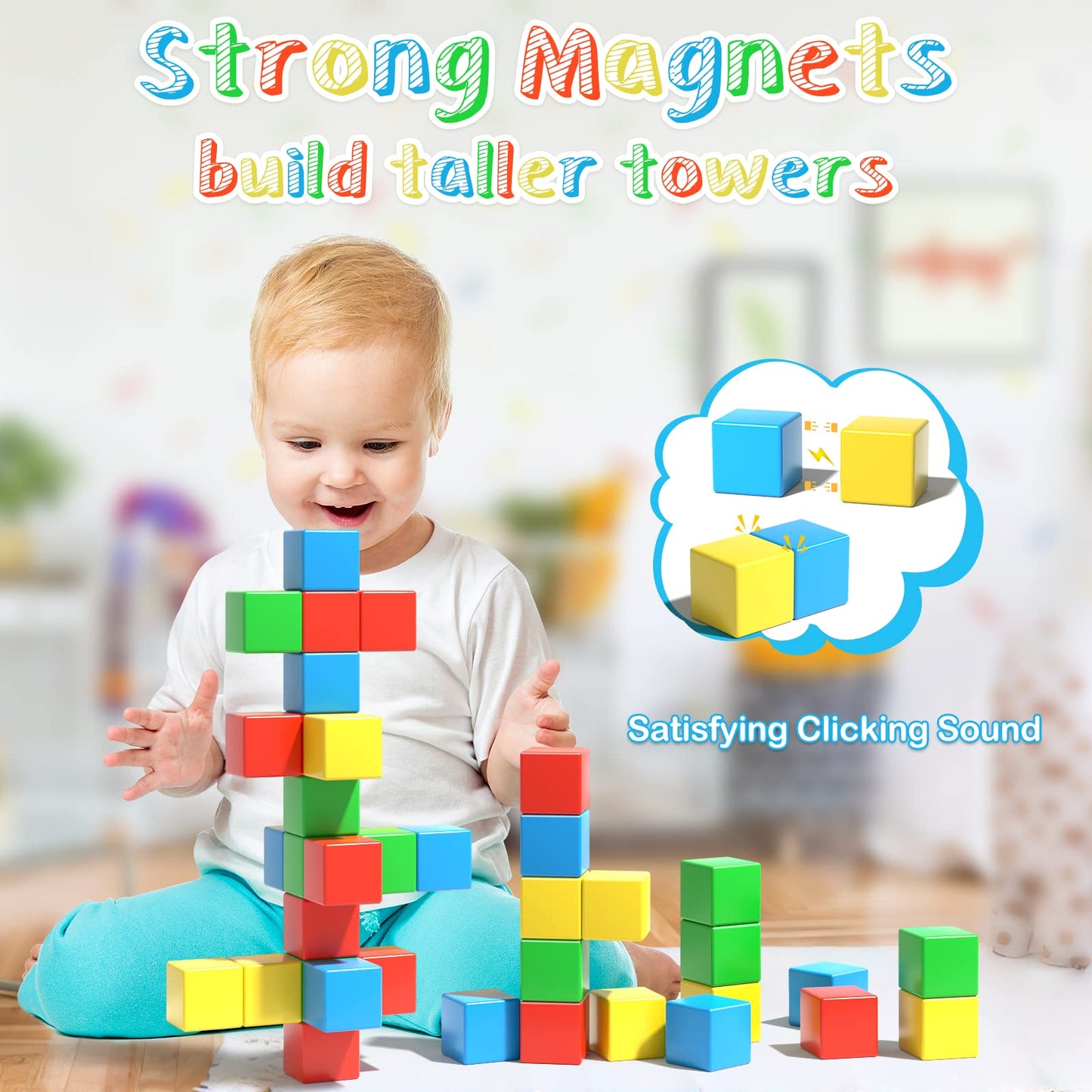 Asago Magnetic Blocks, 56 Pieces 1.34 Inch Large Magnetic Building Blocks, 3D Magnetic Cubes For Toddlers, Preschool Educational Construction Kit, Sensory Montessori Toys Kids Blocks For Boys Girls
