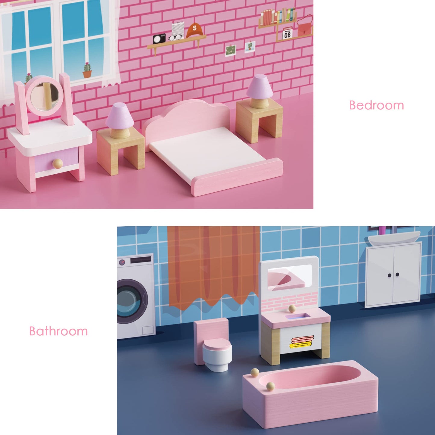 Wooden Dollhouse Furniture Set, 22 Pcs Miniature Dollhouse Accessories Including 5 Room Kits, Little People House Furniture, Doll House Furniture Toys Gift For Girls Boys Age 3+