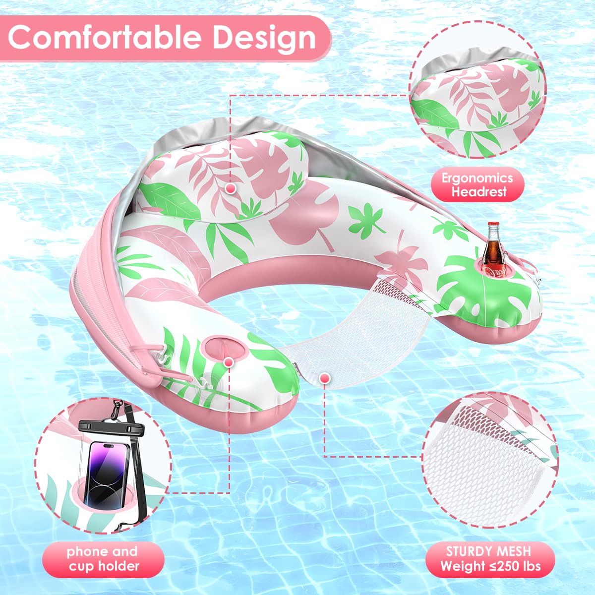 Laycol Premium Pool Floats Adult With Canopy - Stylish Pool Lounger - Heavy Duty Pool Floaties For Adults - Beach Floats Pool Chair Swimming Pool Accessories For Women Floating With Cup Phone Holder