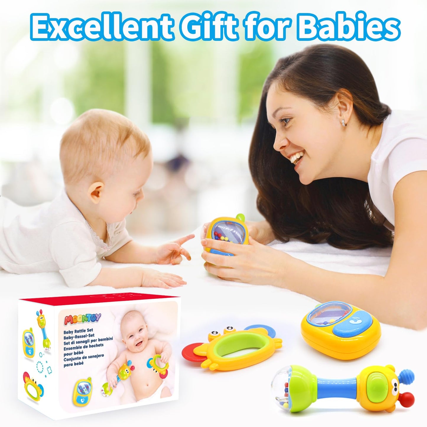 Moontoy 3Pcs Baby Rattles Toy Set, Baby Toys 0-6 Months Infant Toys 6-12 Months Teethers For Babies 3-6 Months Baby Stocking Stuffers, Sensory Teething Toys 0 1 2 3 4 5 6 Month Newborn Boy Girl Gifts