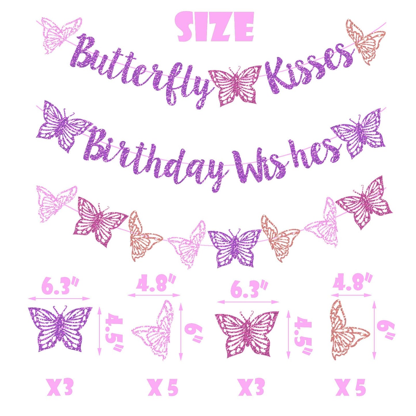 Butterfly Kisses Birthday Wishes Party Decor Purple Glitter Butterfly Kisses Birthday Wishes Banner for Butterfly Themed Baby Sh