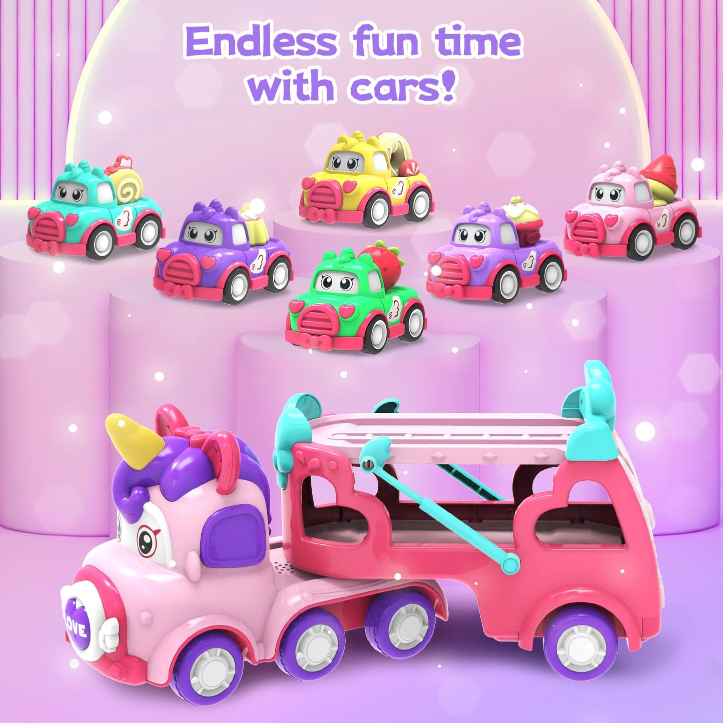 seveclotree Toddler Girl Toys - 7-in-1 Carrier Truck with Light & Sound, Rose Red, Perfect for 1-3 Year Old Birthday & Christmas Gifts