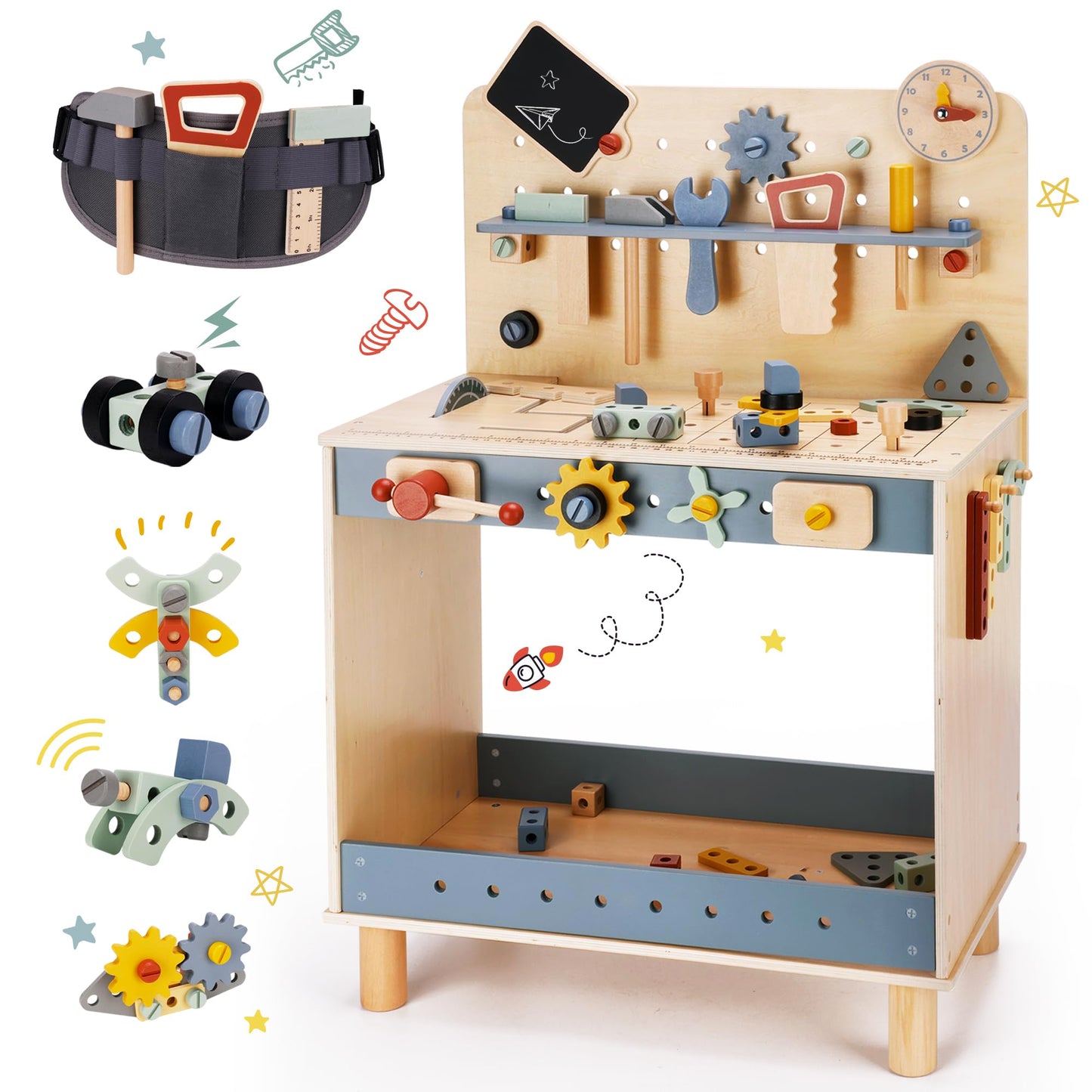 Deluxe Wooden Toy Workbench For Kids, 69 Pieces Tool Playset With Play Tools Set, Storage Space, Tool Bench, And Educational Gif