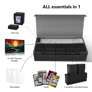 Scimi Mtg Card Storage Box Tcg Deck Case Holds Fits 5 Windows Decks Card Box Or 1800+ Sleeved Cards For Mtg, Yugioh, Uno, Tcg, Trading Cards With Mat Case And Strong Magnet Closure (Black)