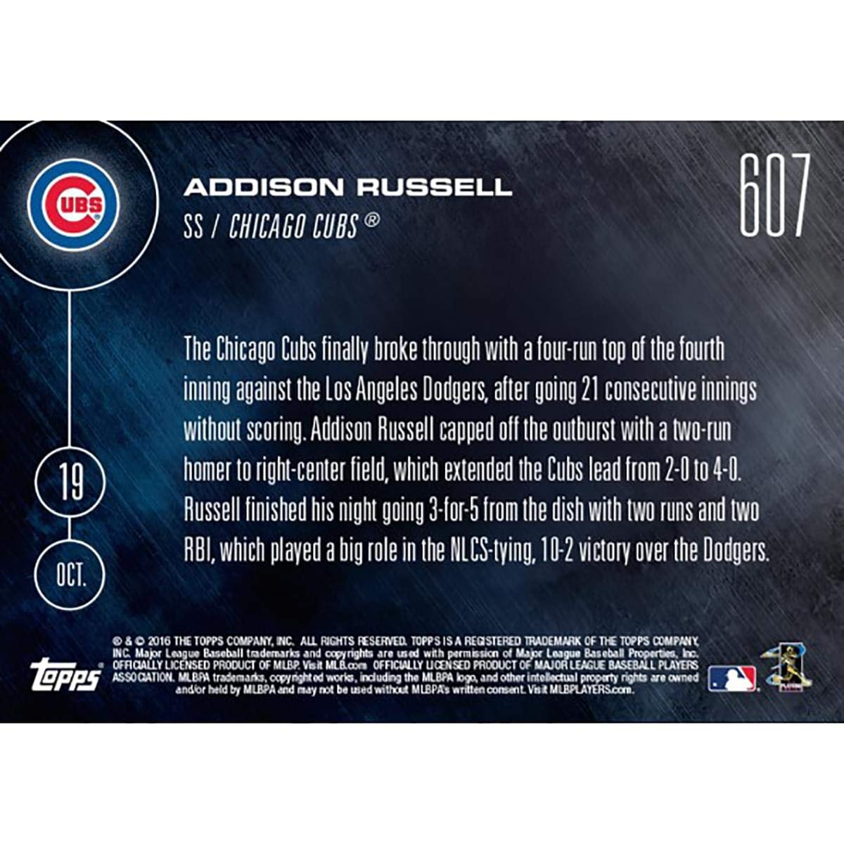 Mlb Chicago Cubs Addison Russell #607 2016 Topps Now Trading Card
