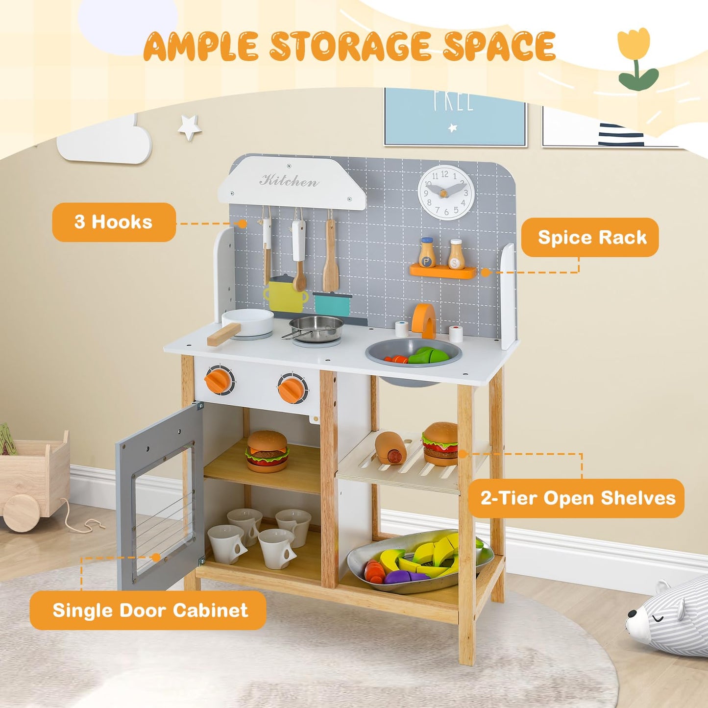 HONEY JOY Kids Kitchen Playset, Toddler Wooden Play Kitchen Set w/Sink, Stove & Oven, Cooking Accessories, Large Storage Cabinet