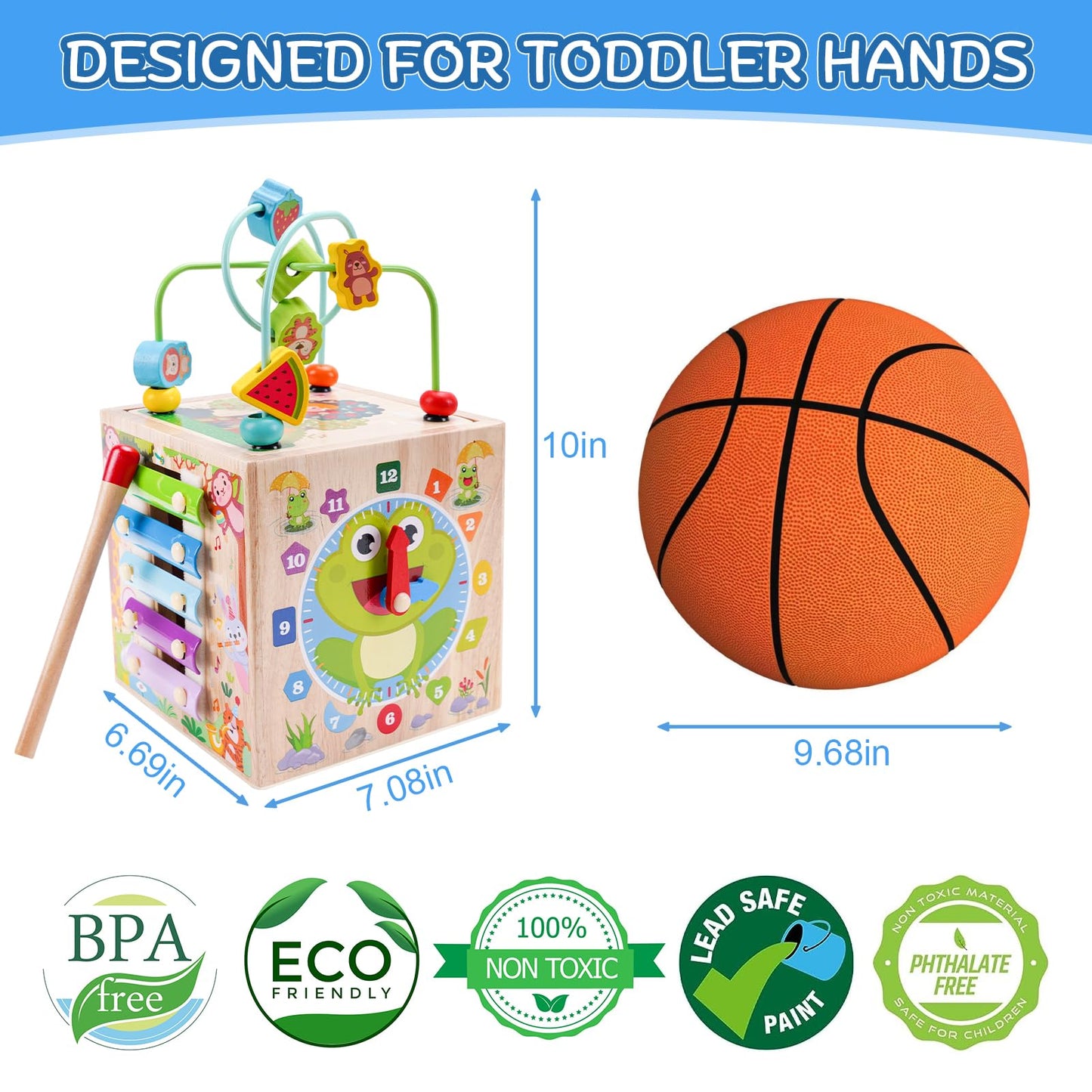 Wooden Activity Cube | Montessori Toys For 1 2 3 Year Old Toddlers | One Year Old 1St 2St First Birthday Gift | Educational Toys For 12+ Months Baby Boys Girls | Bonus Sorting & Stacking Game (Blue)