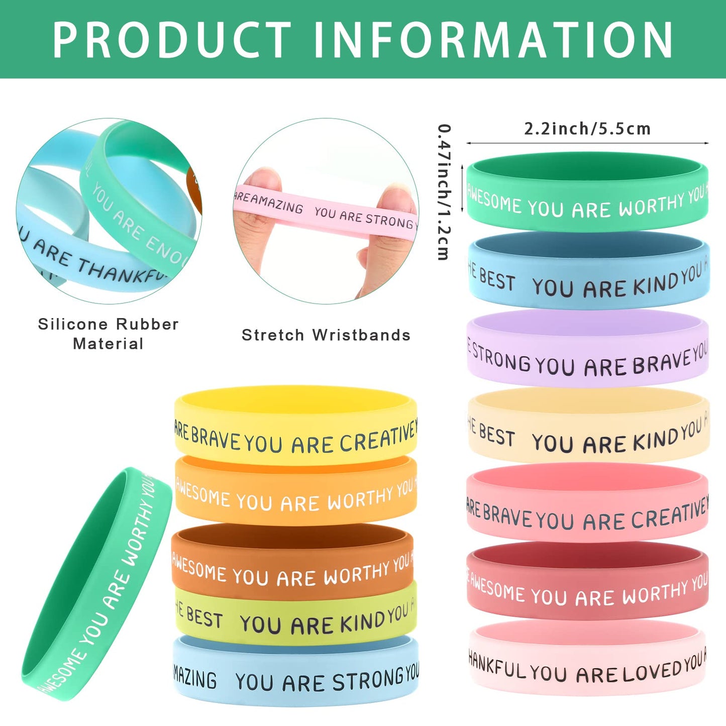 Roowest 120 Pcs Motivational Wristbands Bulk for Student Inspirational Rubber Bands Stretch Silicone Bracelet Stocking Suffers f