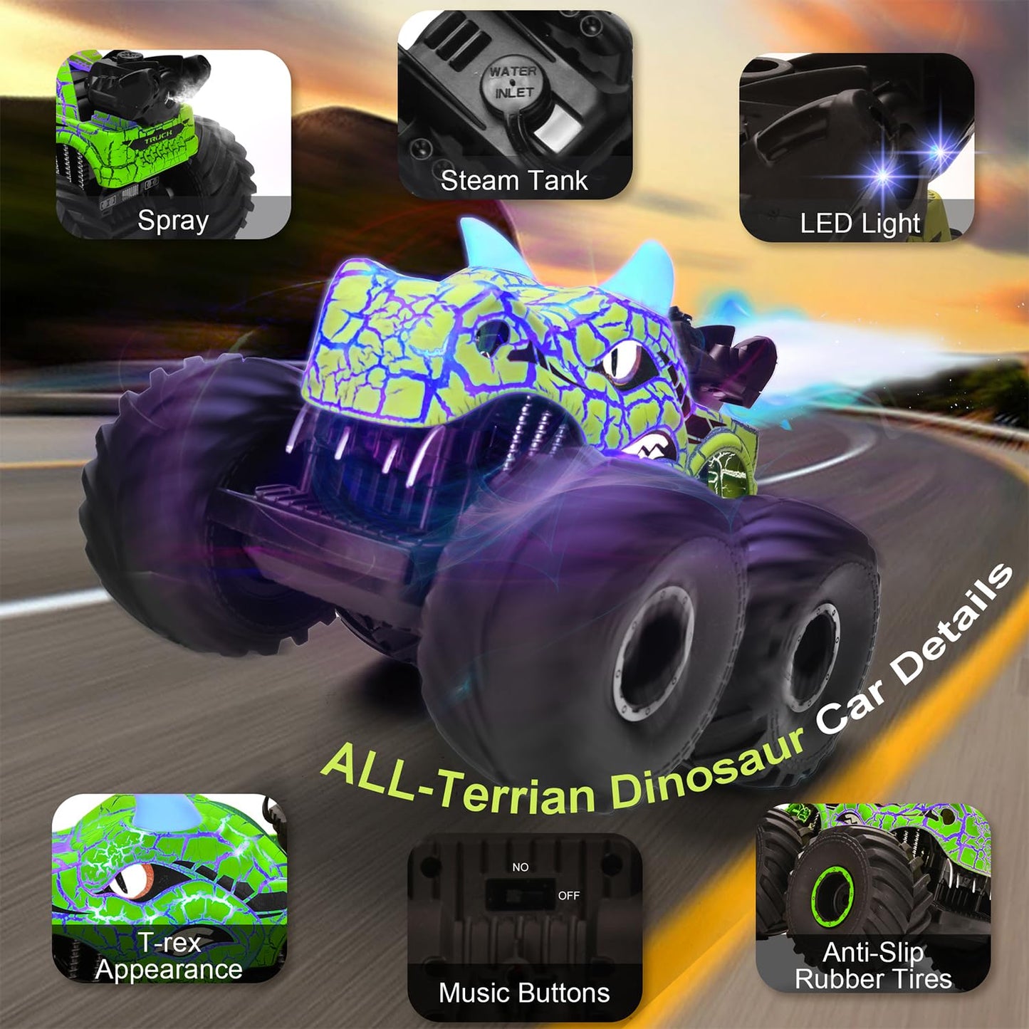 Onadrive Remote Control Dinosaur Car Toys for Kid Boys, 2.4GHz RC Monster Truck Toys with Spray, Light, Sound, All Terrain Recha