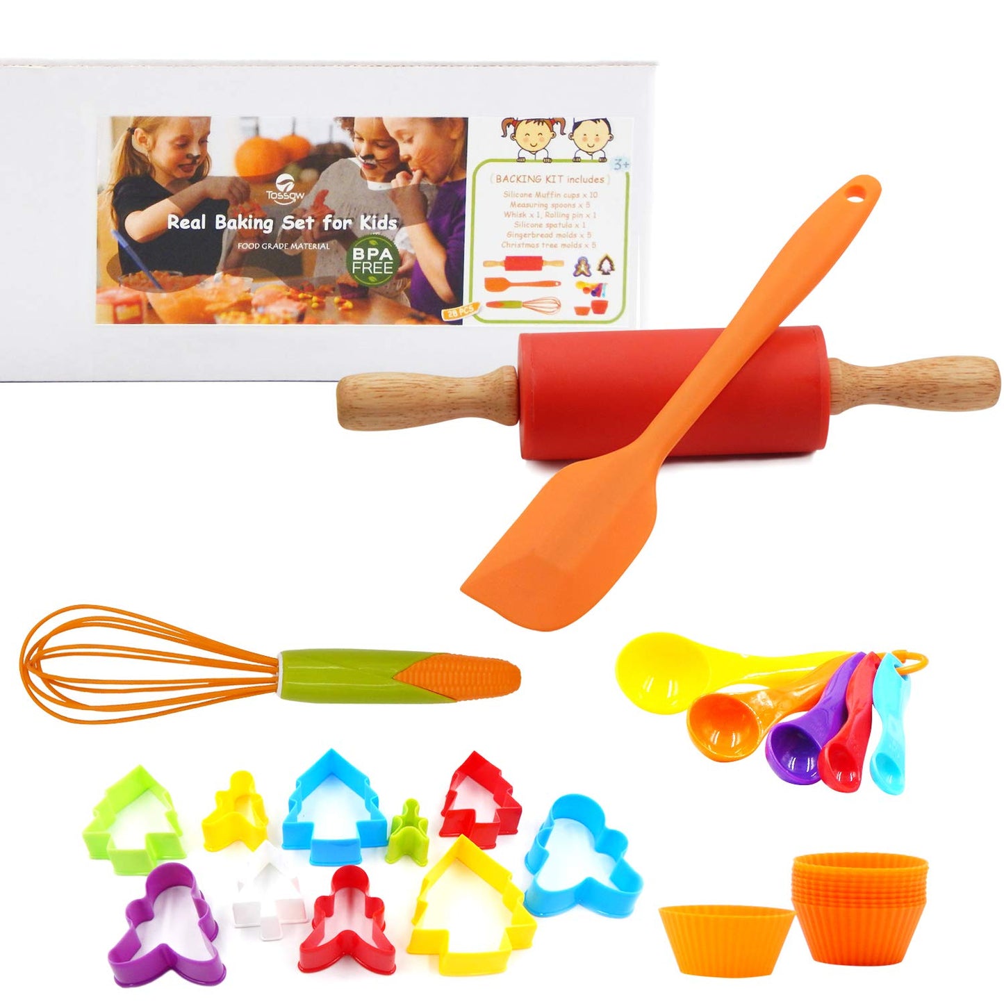 Tossow Kids Baking Tools Set Cupcake Pop Maker With Rolling Pin,Muffin Cups,Measuring Spoons,Cooking Baking Supplies 28-Piece Ki