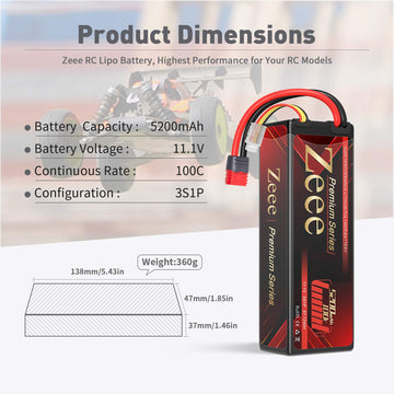 Zeee Premium Series 3S Lipo Battery 11.1V 100C 5200mAh Hard Case Battery with Deans T Connector for RC Car Boat Truck Helicopter