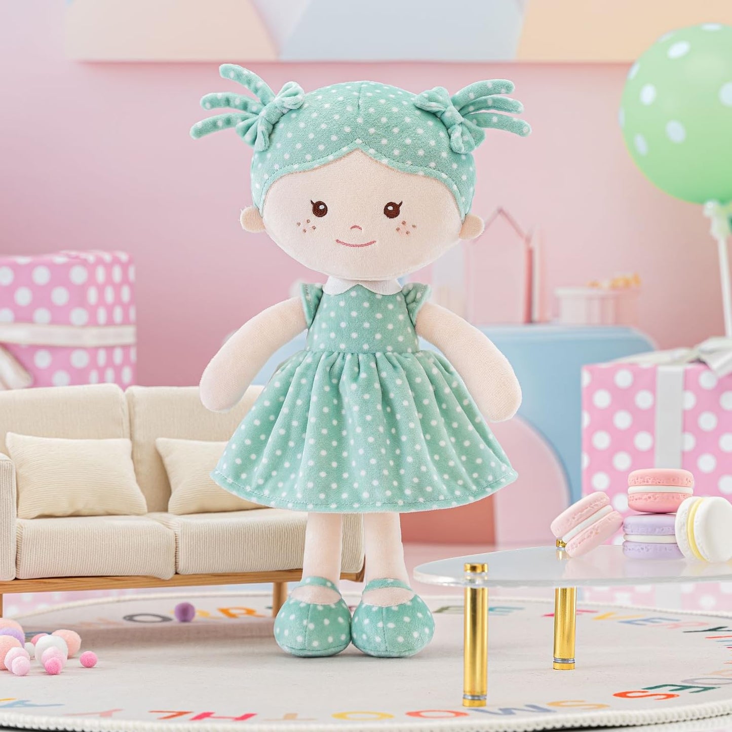 Onetoo Plush Rag Doll My First Baby Doll Soft Baby Doll For Girls Sleeping Cuddle Buddy Doll Wear Green Dress White Polka Dot 14'(Milly Series)