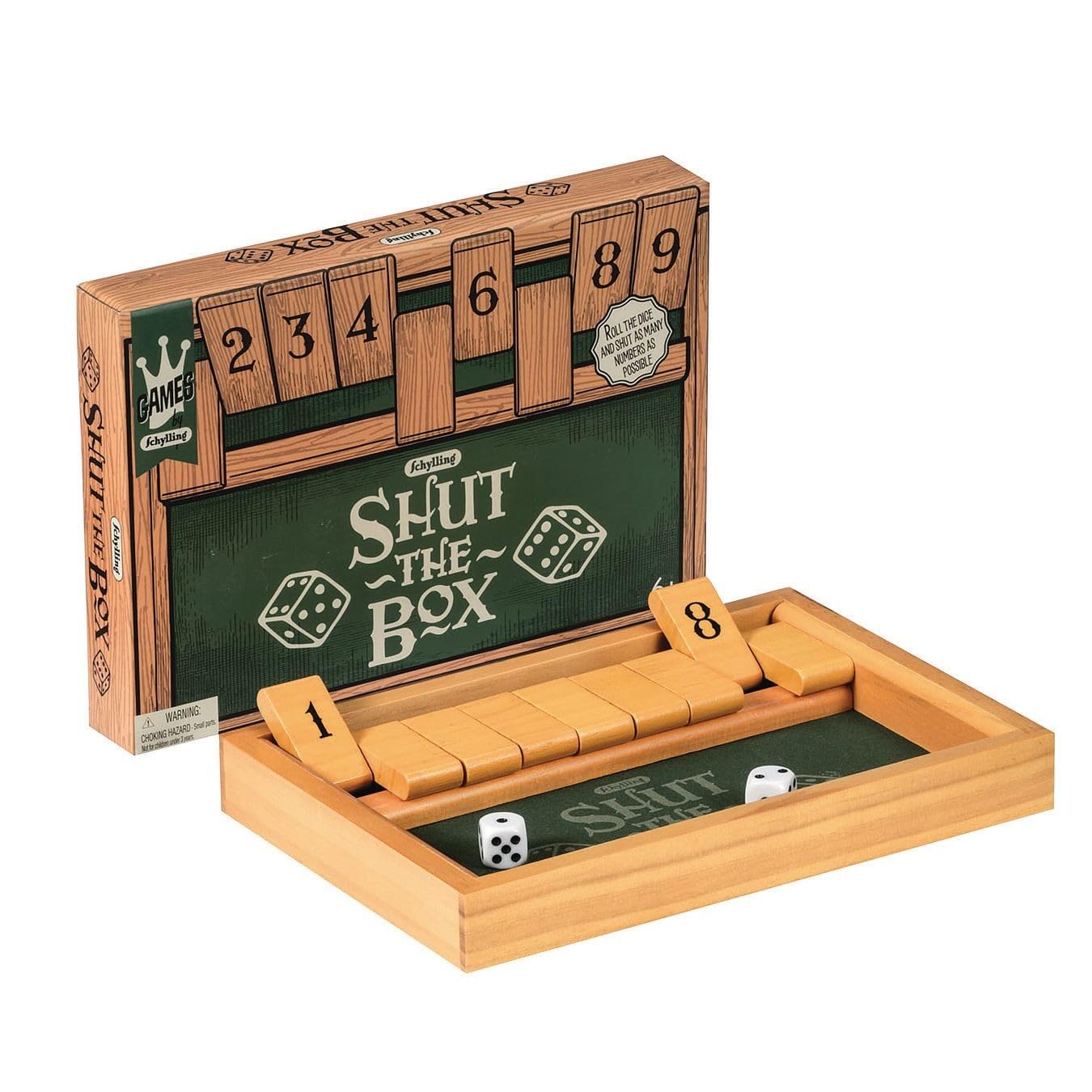 Schylling Shut The Box - Family Game Of Strategy And Chance - Includes Collectible Wooden Game Box, Felt Bottom, Rounded Dice, And Detailed Instructions - Ages 6 And Up