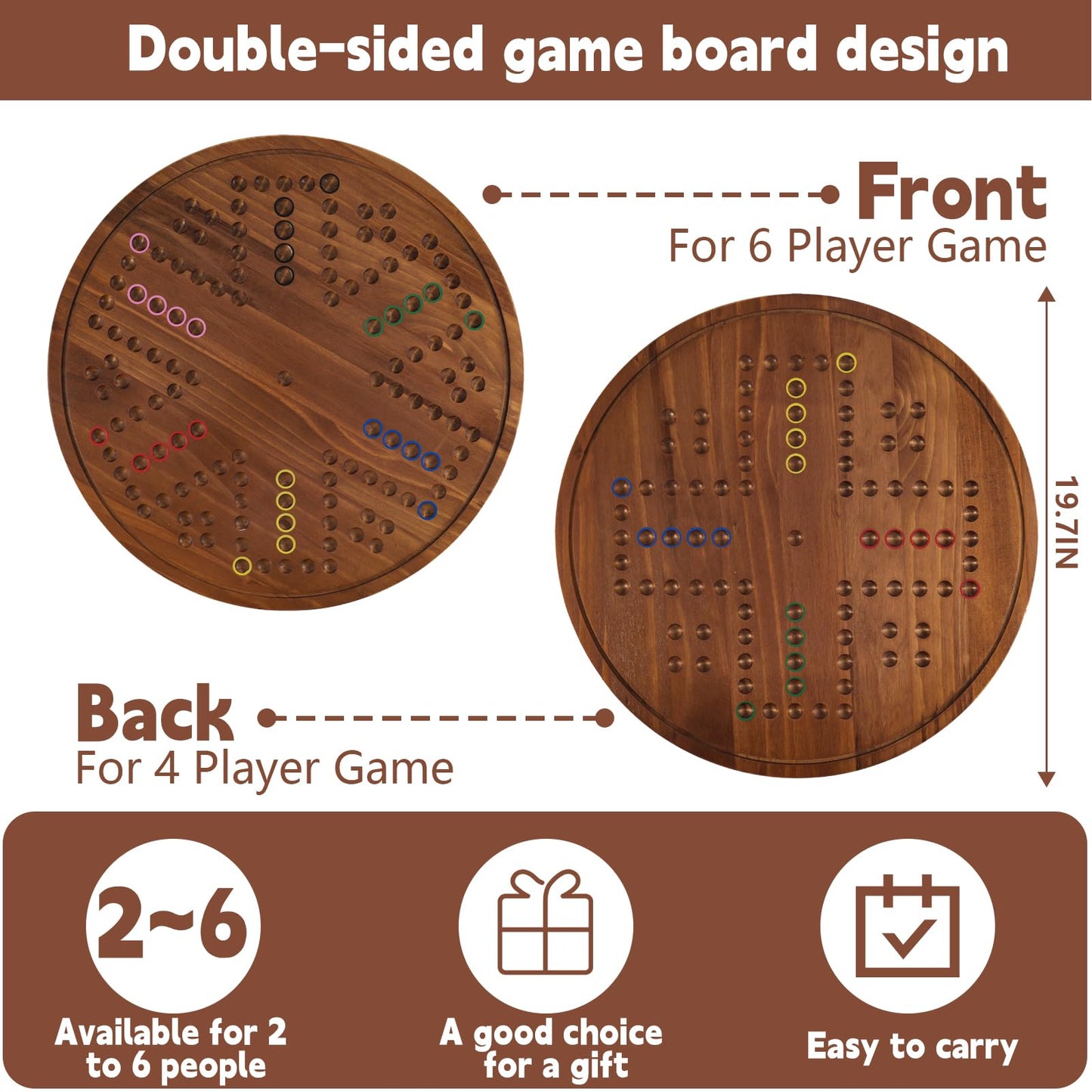Circular Large Marble Board Game With Double-Sided Painted Wooden Fast Track Board Game With 30 Marbles 6 Dice4-Player Game 6-Pl
