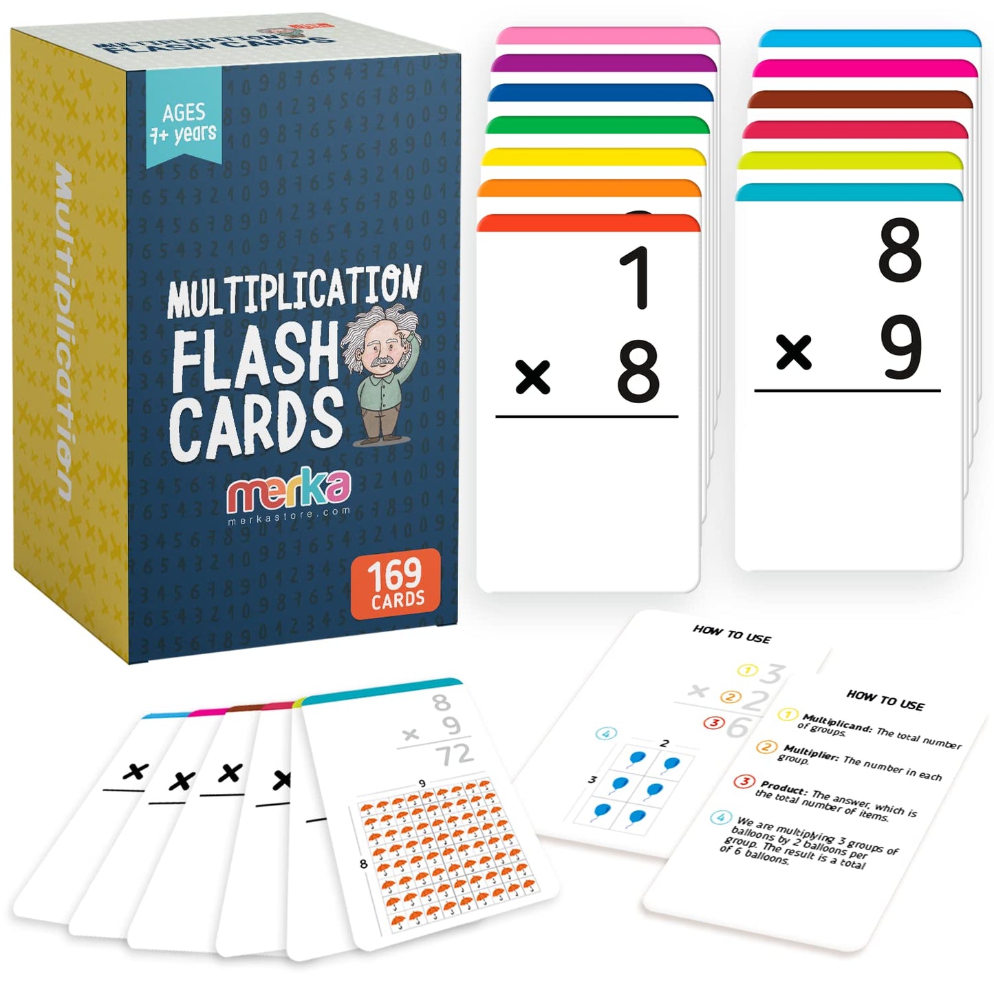 Merka 3Rd Grade Multiplication Flash Cards, Multiplication Table For Kids, Math Facts, Set Of 169 Cards Fractions Manipulatives