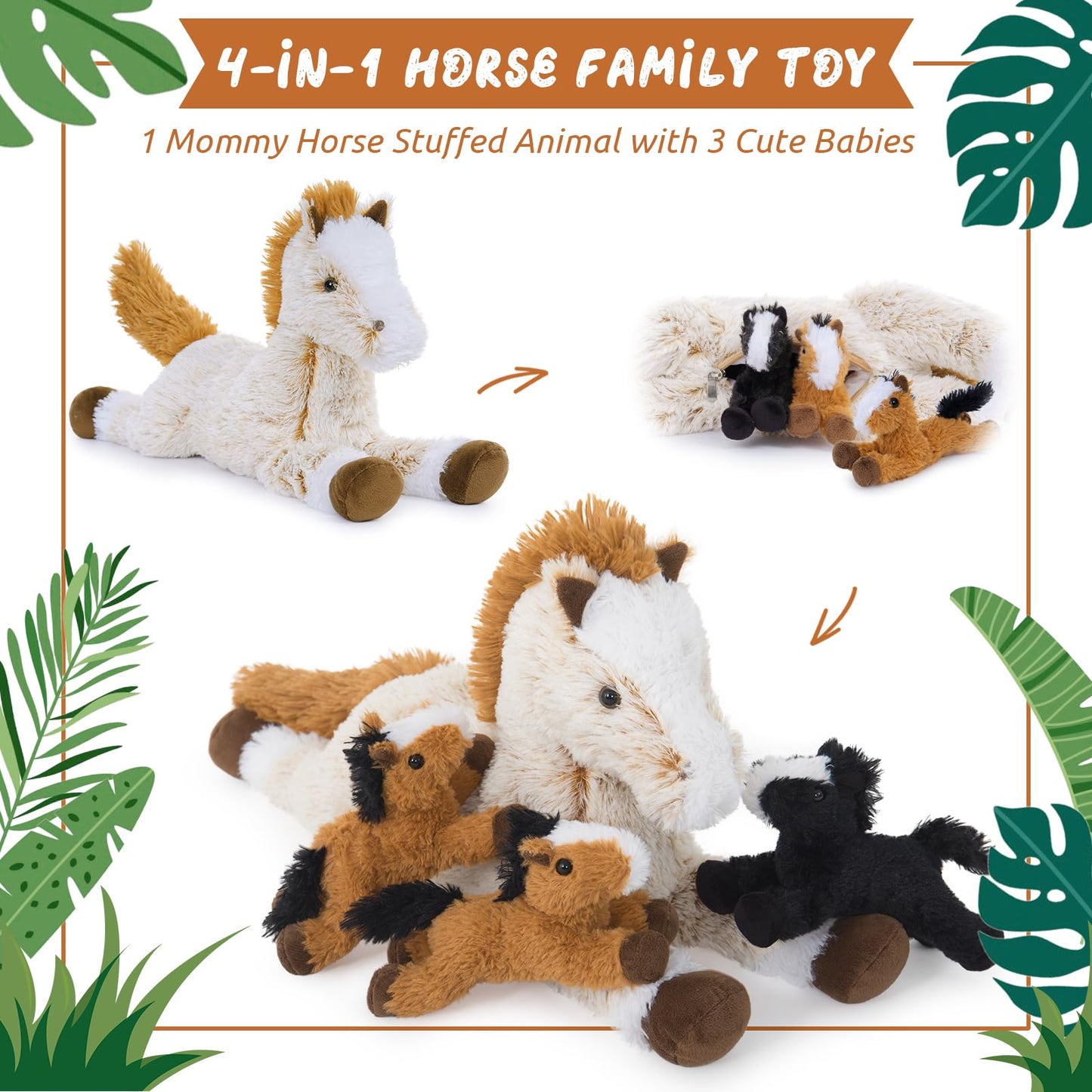 Tezituor 4Pcs Horse Stuffed Animal Set Large Stuffed Mommy Horse with 4 Babies Pony Toys Brown Stuffed Pony Plush Pillow for Boys Girls 21inch