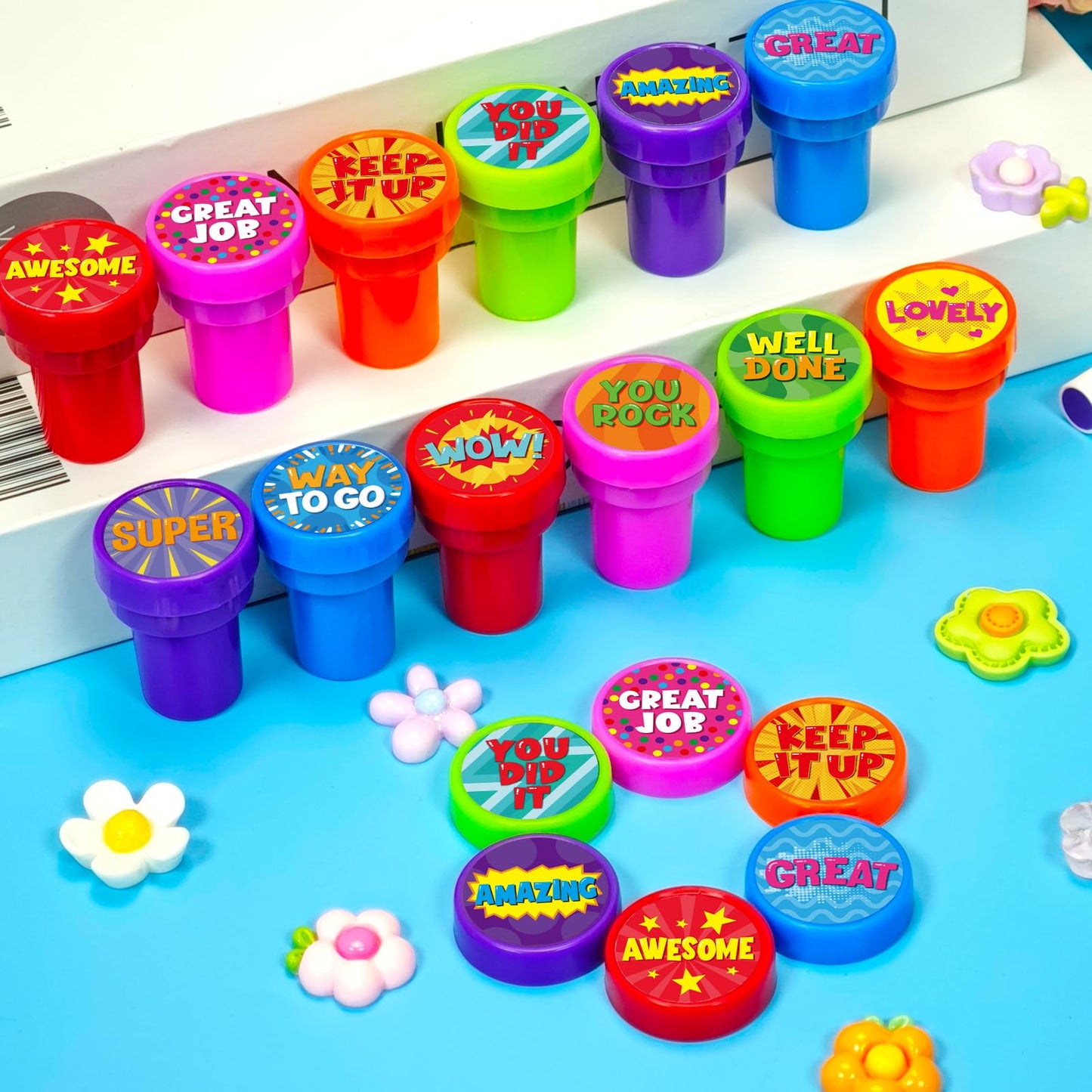 Cinrobiye 24 Pcs Assorted School Stampers for Kids, Positive Reward Sticker Stamps, Back to School Teacher Supplies for Pinata,