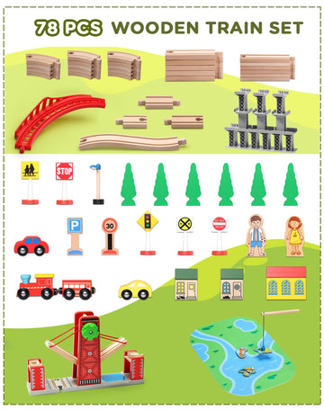 SainSmart Jr. Wooden Train Set for Toddlers, Double-Sided Track, 4 Trains, Fits Brio & Thomas, Model T07, Log Color