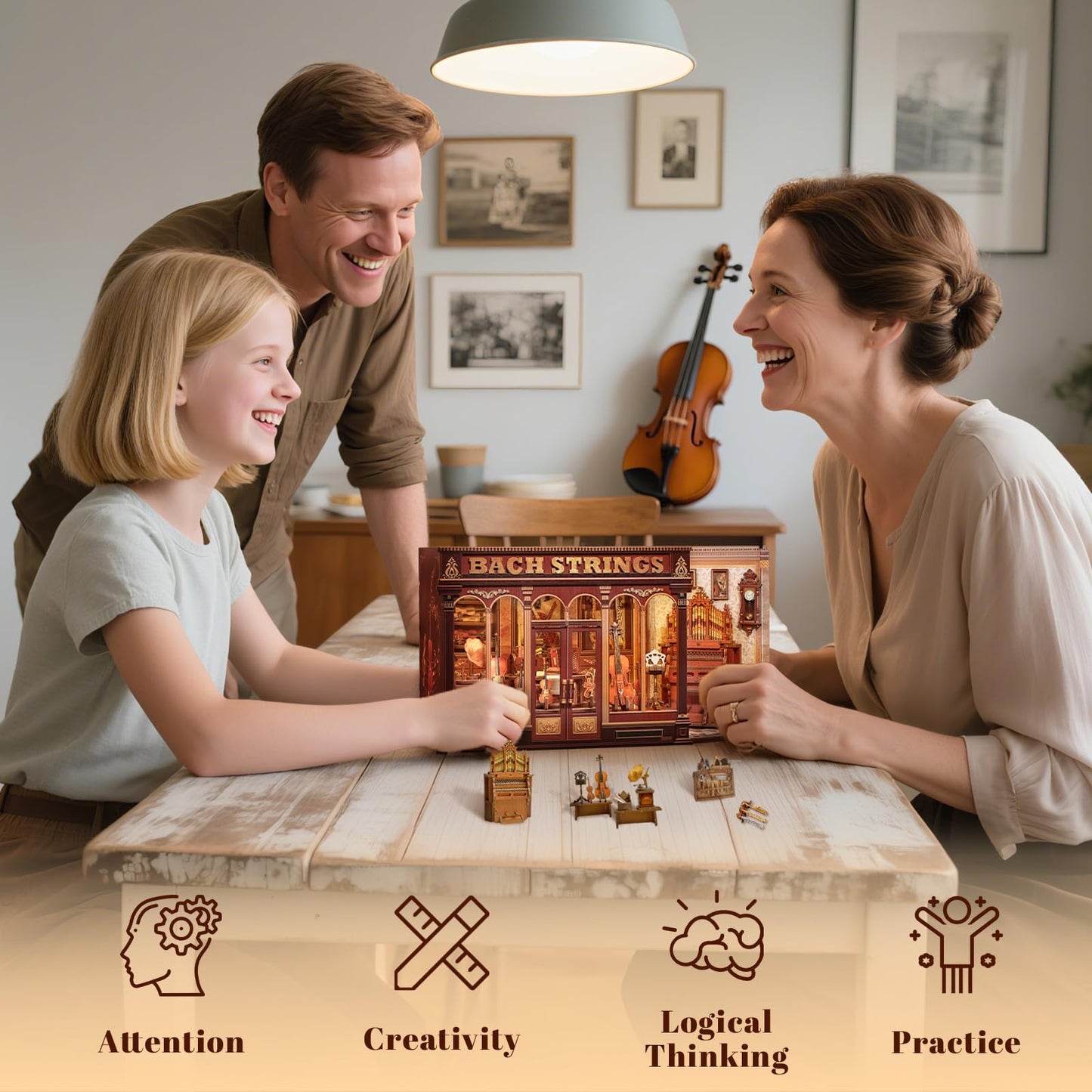 Fsolis Book Nook Kit - DIY Scene Miniature Dollhouse Kit for mature-themeds Shelf 3D Puzzles 285 pcs Tiny House Mini Music Shop Model Booknook Craft Bookshelf Decor Gifts for Women (Bach Strings)