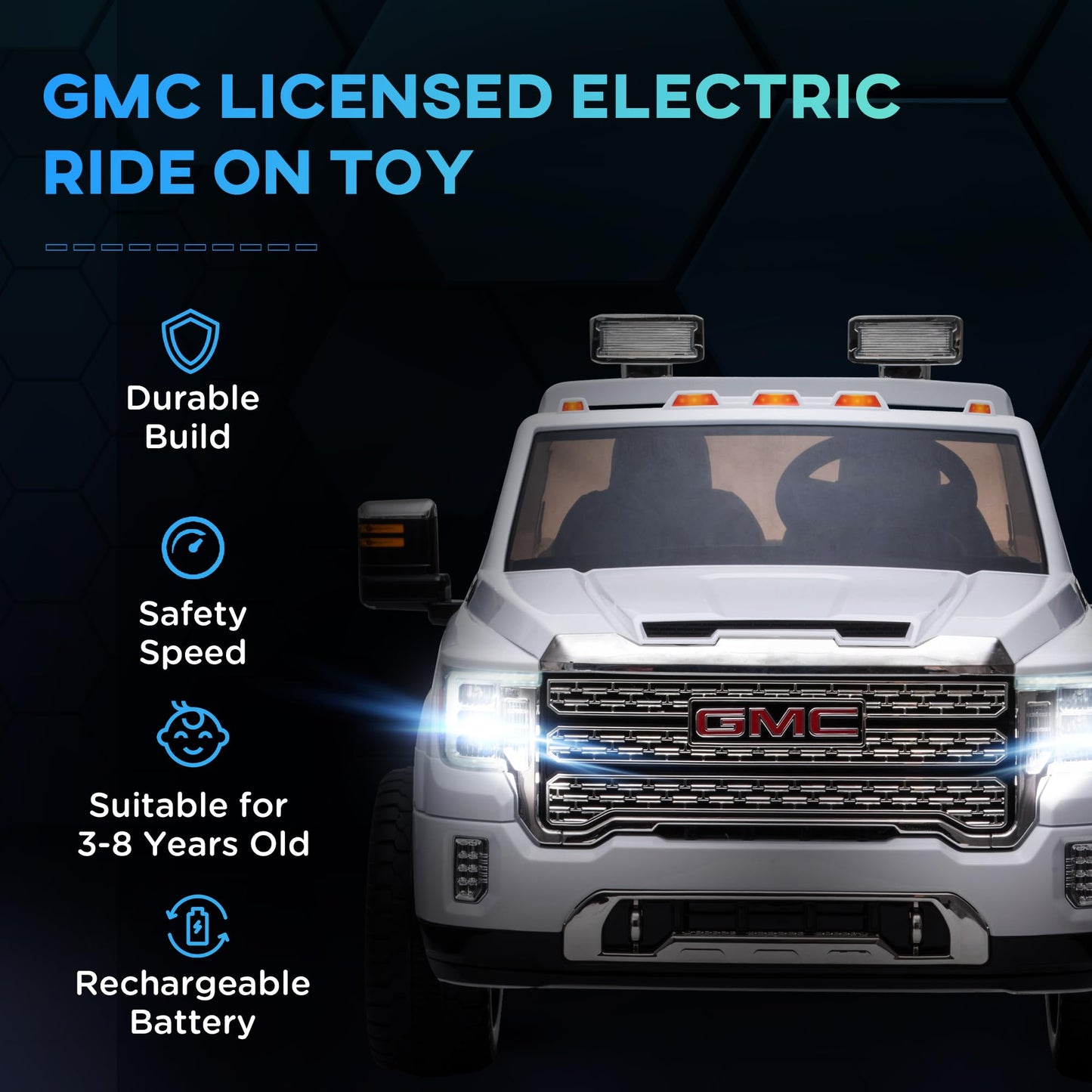 Aosom 12V Gmc Sierra Hd Battery Kids Ride On Car With Remote Control, Bright Headlights, & Working Suspension, White