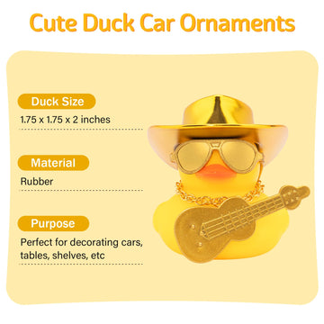 Wonuu Cowboy Hat Car Rubber Ducks, Dashboard Decorations Rubber Ducky For Car Ornament Cute Duck With Hat, Glasses, Necklace, Mi
