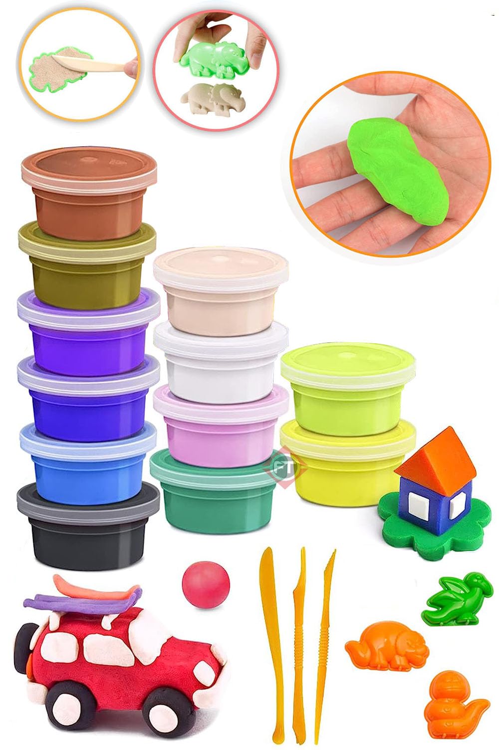 Firstly Air Dry Clay, 12 Colours Modelling Clay For Kids, Modeling Clay & Dough 4 Colorful Moulds, 2 Tools, Soft & Stretchable D