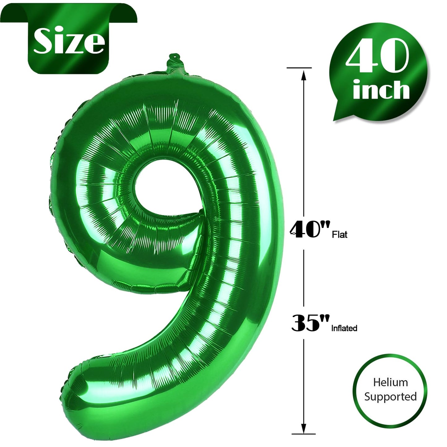 Green Number 9 Balloon 40 Inch, 9 Balloon Number, 9Th Birthday Decorations, Green Party Supplies For Boys Girls