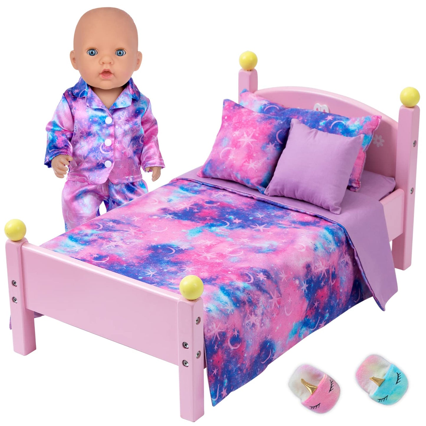 K.T. Fancy 8 Pcs 18 Inch Girl Doll Clothes And Accessories Sleeping Sheet,Pajamas,Eye Mask,Unicorn Slippers,Pillow(Doll And Bed Are Not Included)
