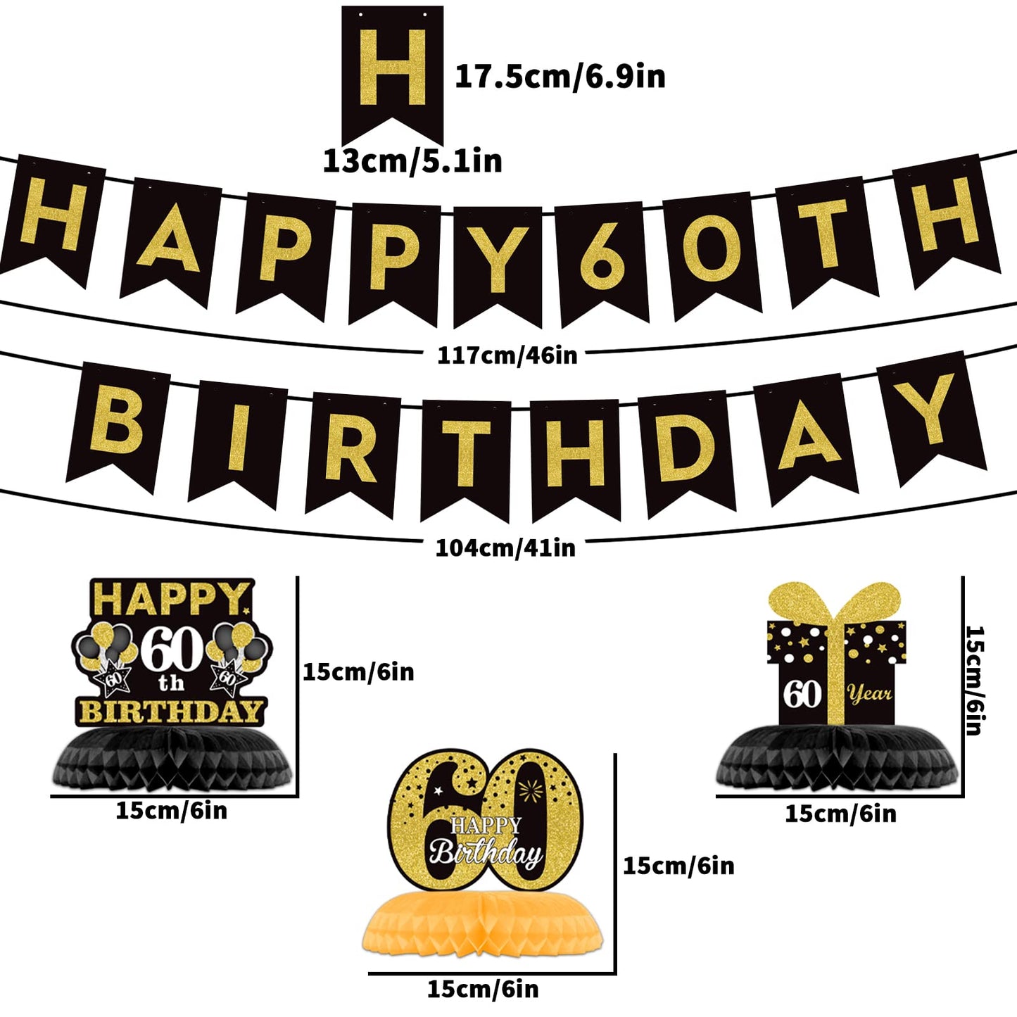 60Th Glitter Black Gold Birthday Banner Party Decorations, Happy 60Th Birthday Decorations Hanging Swirls Banner Honeycomb Centerpieces For Men Women Happy 60 Years Old Bday Party