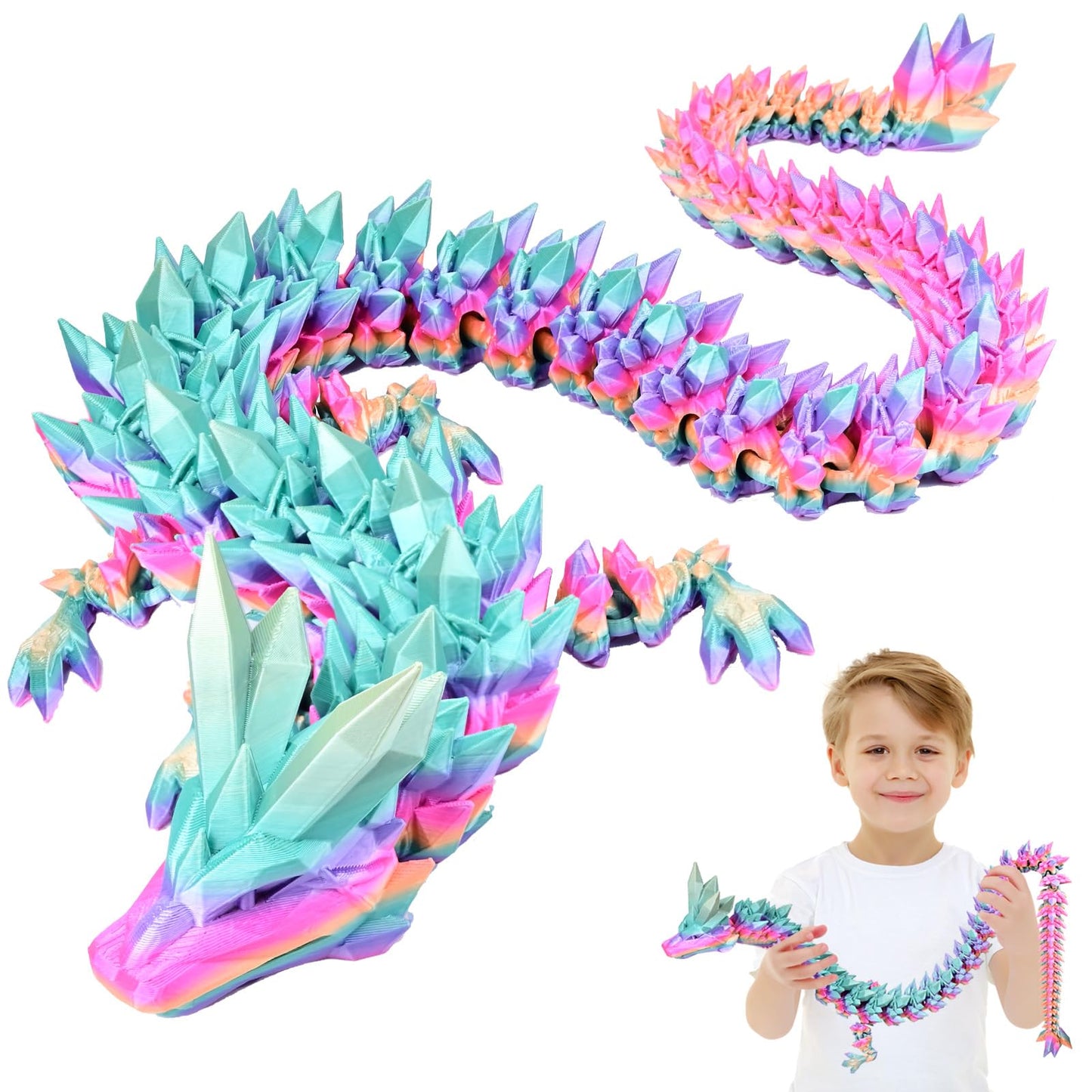 LOCYFENS Large 30'' 3D Printed Dragon, Articulated 3D Dragon Toys, Long Crystal Dragon Rainbow Color Change