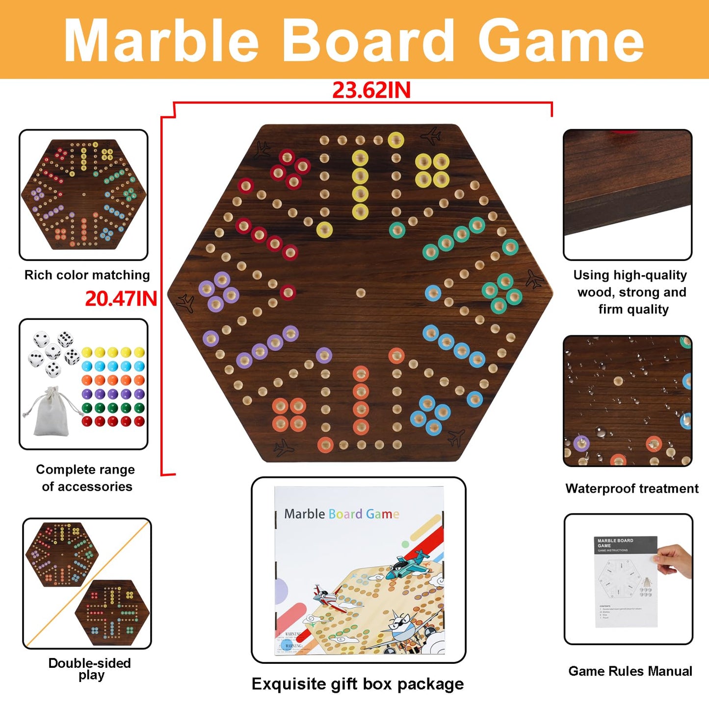 Extra Large Wahoo Board Game Wooden Original Board Game 2 Side Painted Fast Track Game For 4 Player And 6 Player With 30 Marbles