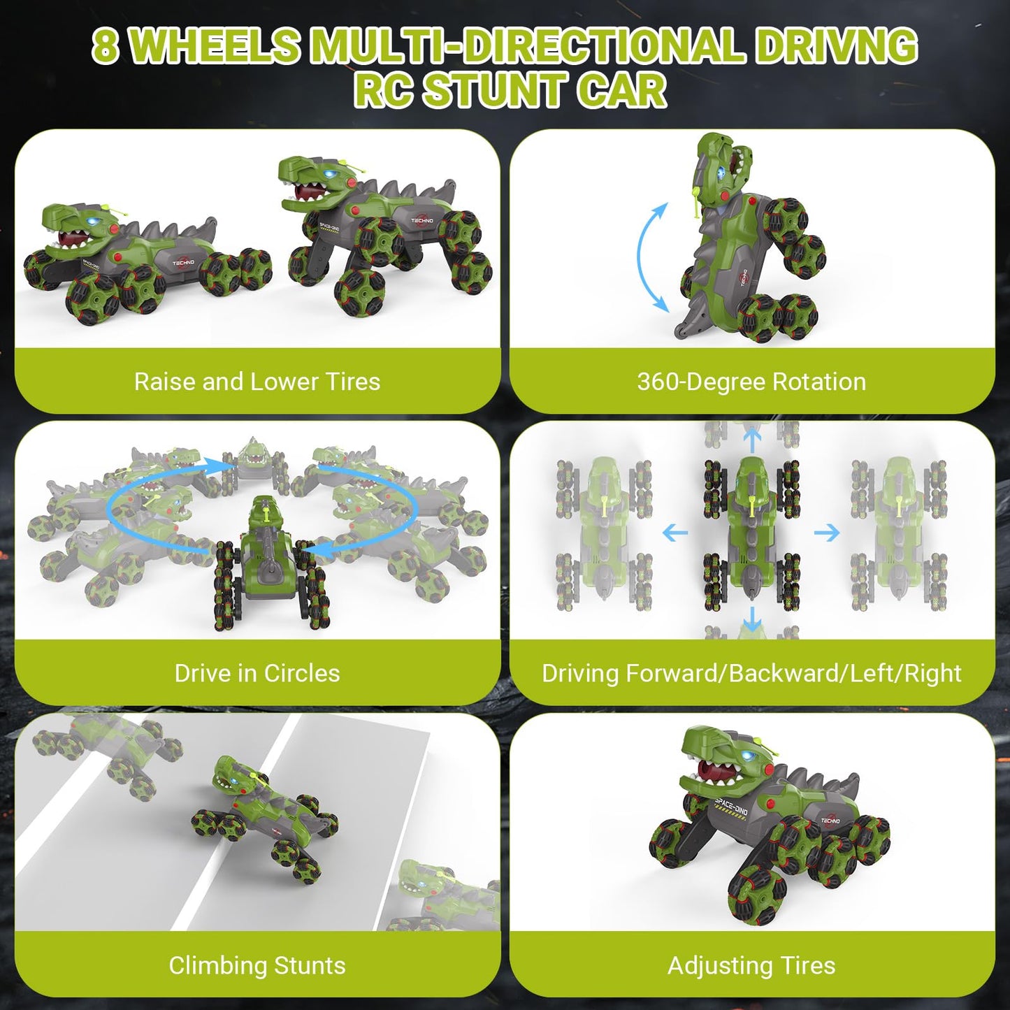 8WD RC Stunt Car Toys for Kids,2.4Ghz Remote Control Dinosaur toys 360 Rotating Changeable RC Stunt Dinosaur Remote Control Dino