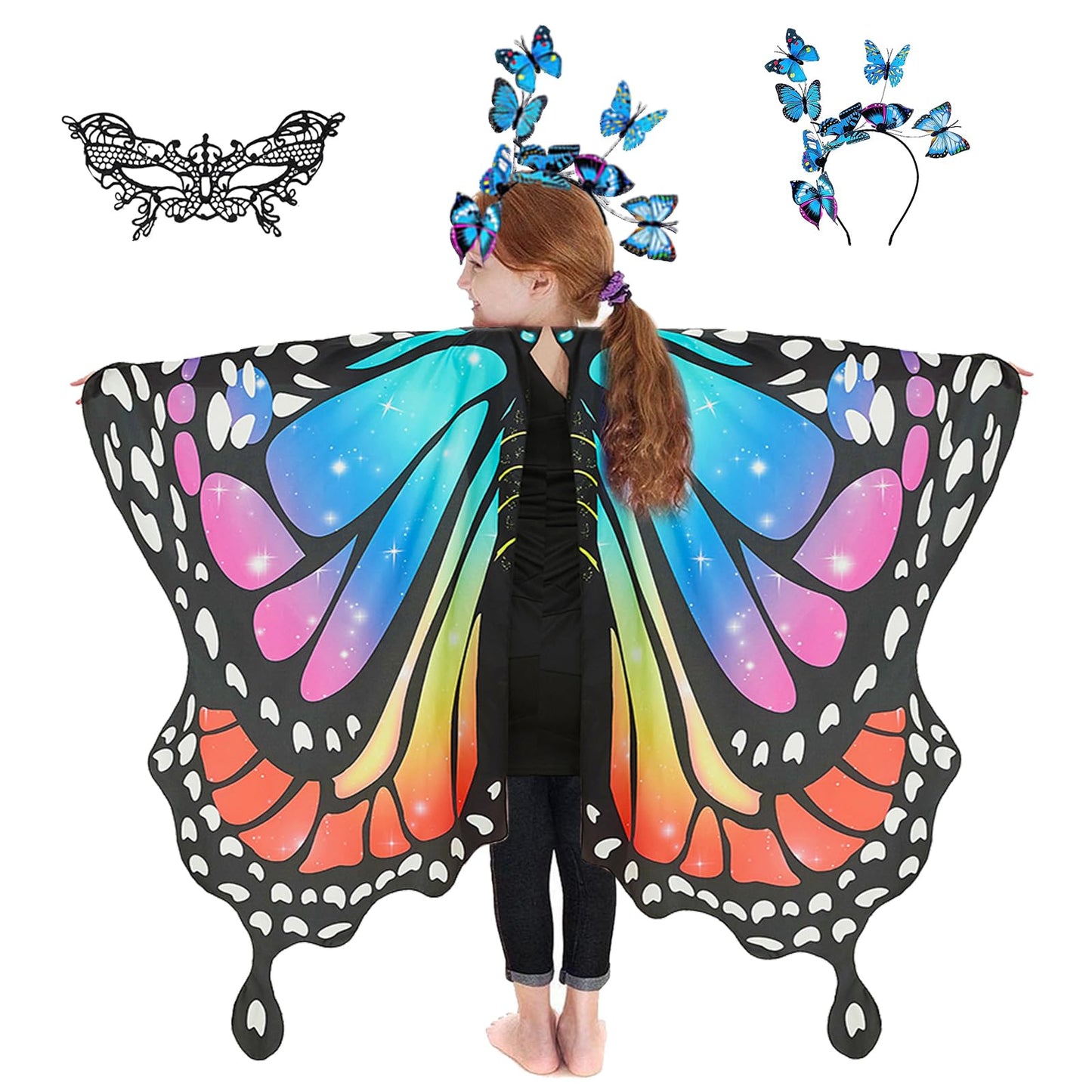 Rektak Butterfly Wings For Girls, Butterfly Costume For Halloween Party Kids Fairy Wing With Mask And Headband(Rainbow-2)