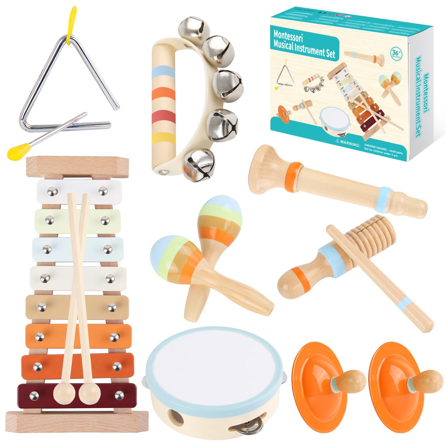 Ranqibo Musical Instruments For Toddlers 1-3 - Eco-Friendly Wooden Percussion Set With Xylophone, Tambourine, And Maracas In Neu