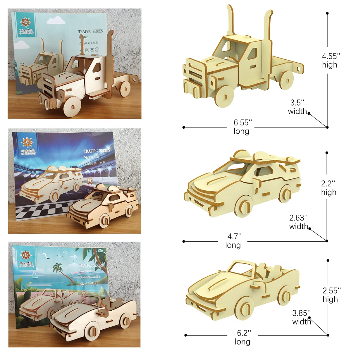 3D Wooden Puzzle - 6 Piece Set Wooden Car Brain Teaser Puzzle - Diy Assembly Car Building Model Kits - Wood Stem Toys Gifts For Kids And Adults Teens Boys Girls