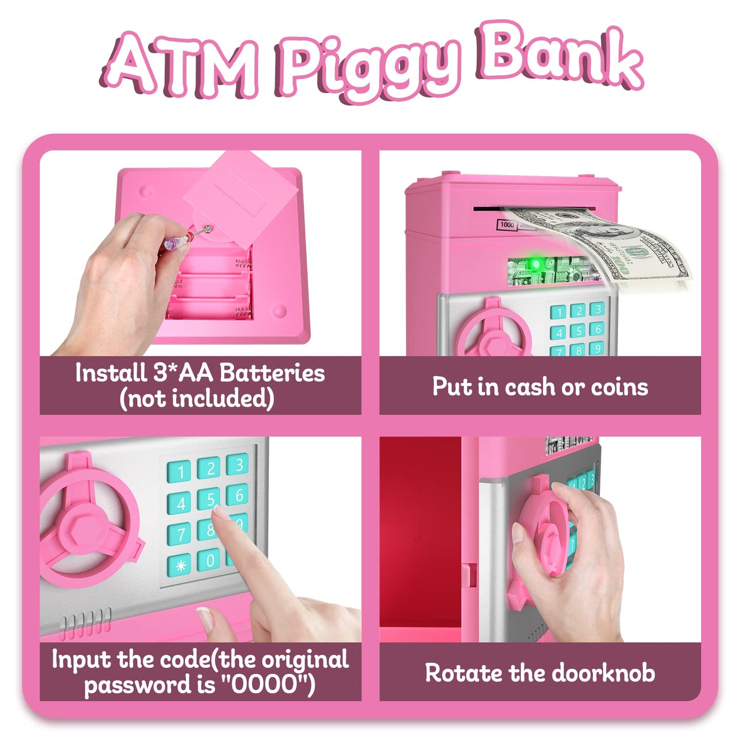 ATM Piggy Bank for Kids Girls, Coin Bank with Safe Password, Electronic Mini ATM Coin Bank with Auto Scroll Paper Money, Kids Pi