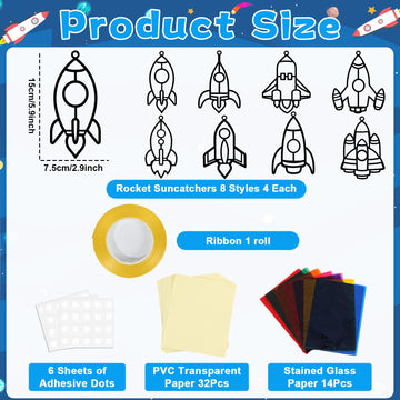 QOUBAI 32 Sets Outer Space Rocket Suncatchers Craft Kit, Colorful Paper Crafts for Home Decor, Classroom, Kids' Birthday Gifts, QB1080